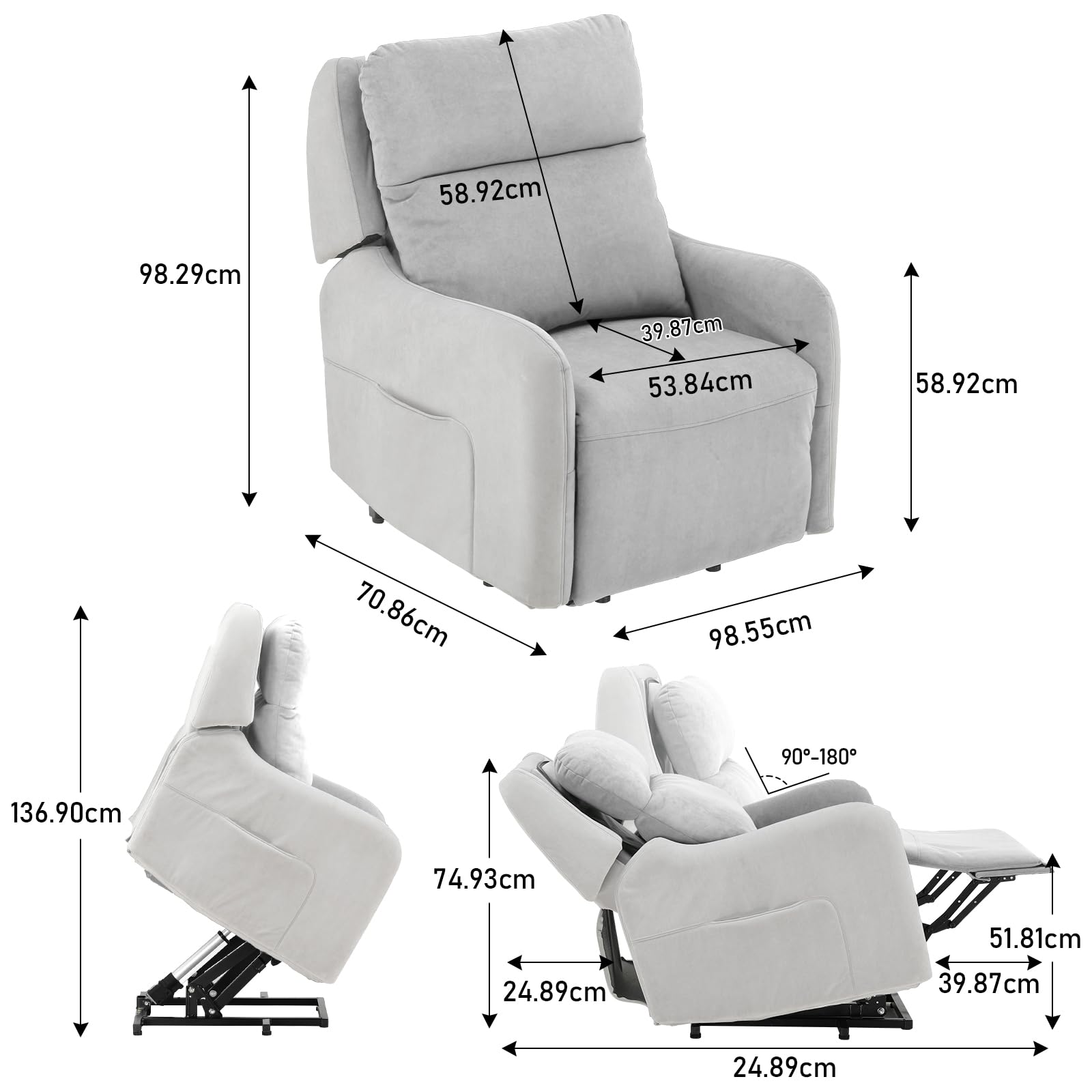 COMHOMA Poltrona relax elettrica con Power Lift, con funzione massaggio SL, poltrona relax, telecomando, con porta USB per anziani, schienale rimovibile, tessuto grigio