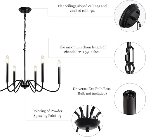 Miniatura 5 de Generies Candelabro de casa de campo negro con 6 luces, moderna iluminación colgante de hierro industrial, lámpara de techo rústica clásica para