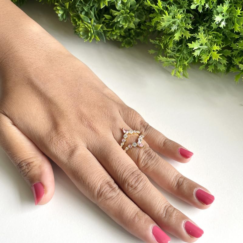 Alternate Pink Sapphire & White Diamond Contour V Shape Enhancer Guard For Women, 14K Gold Plated 925 Silver September Birthstone Pink Sapphire Chevron V Shape Enhancer Wrap Guard Matching Band