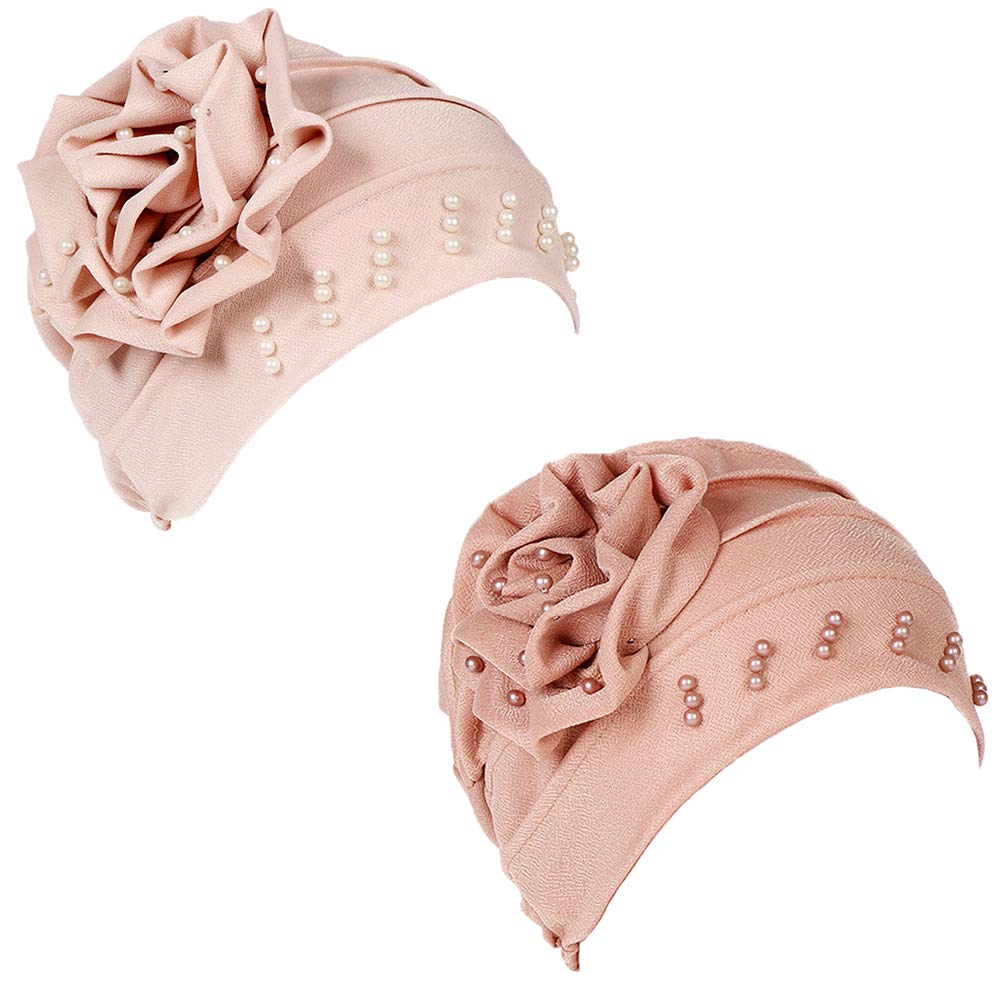 Zuochen Women's Beige+Khaki Turban Cotton Scarf Head Wrap Scarfs For Hat Beading Pearl Rose Detail (Beige+Khaki)
