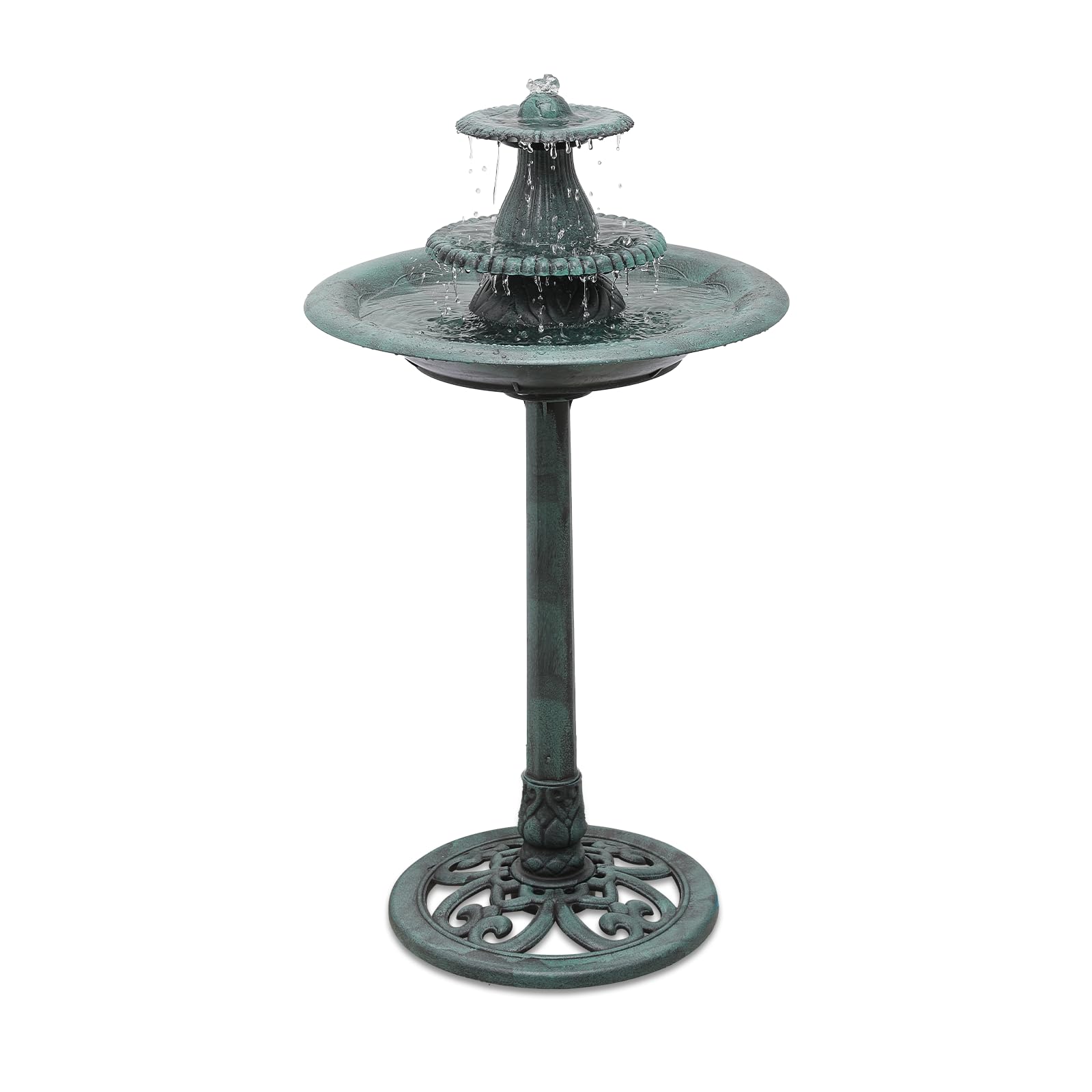 Athena Collection 37'' Height Bird Bath Vintage Pedestal Birdbath Electric Water Fountain with Recirculating Pump Polypropylene Floral Accents 3 Tier Birdbath for Outside, Patio, Garden, Green