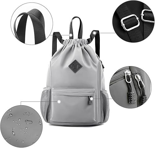 Miniatura 3 de Valleycomfy Mochila de gimnasio impermeable con cordón para hombres y mujeres, bolsa de gimnasio deportiva con bolsillo lateral, Gris, Classic