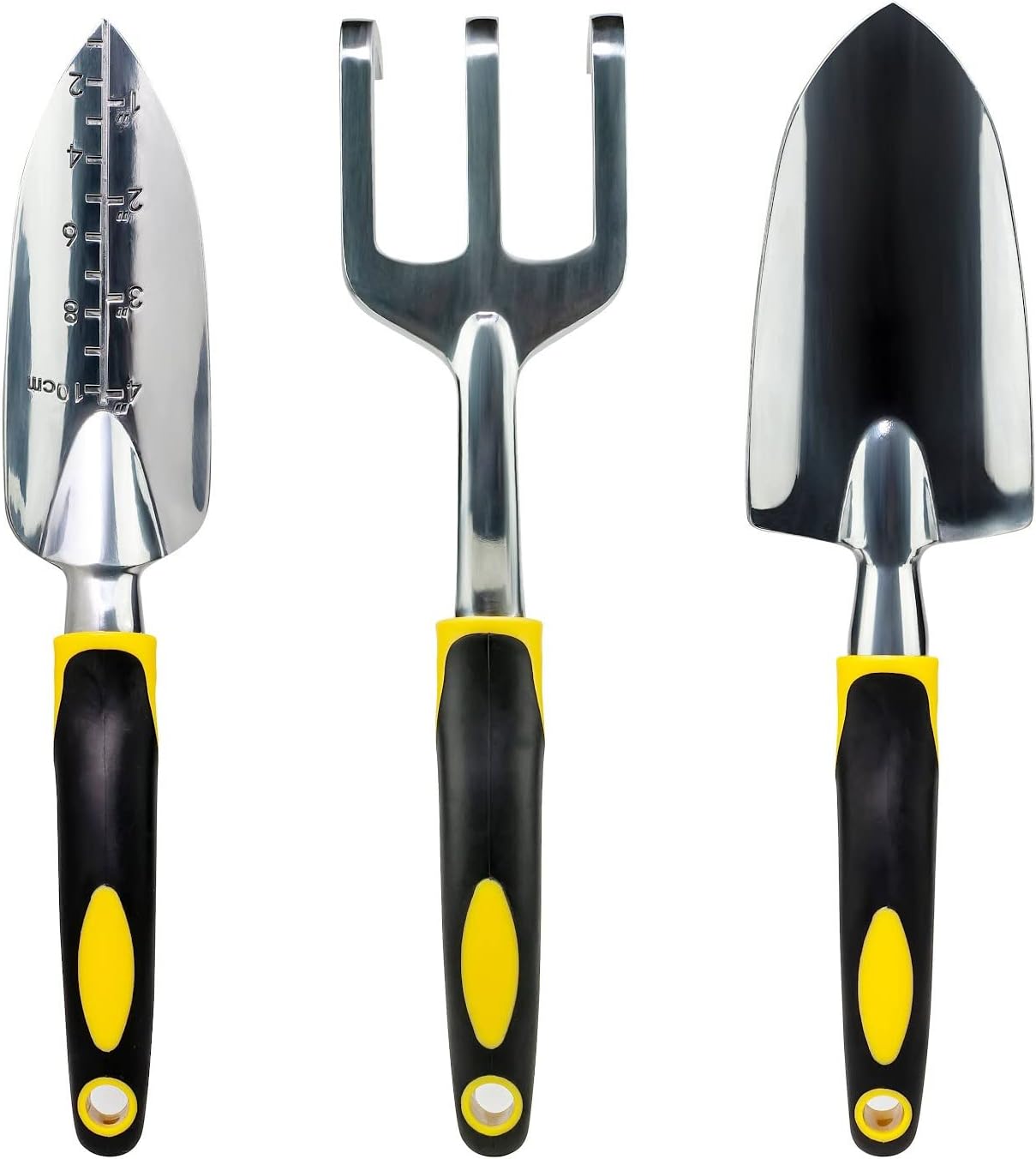 Gardenera 3PC Garden Tool Set with Soft Rubberized Non-Slip Handles - Hand Trowel, Transplant Trowel, Hand Rake in Polished Aluminum - Ideal for All Gardening Needs and The for Gardeners