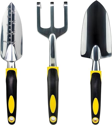 Gardenera - Juego de herramientas de jardín de 3 piezas con asas antideslizantes de goma suave, pala de mano, pala de trasplante, rastrillo de mano