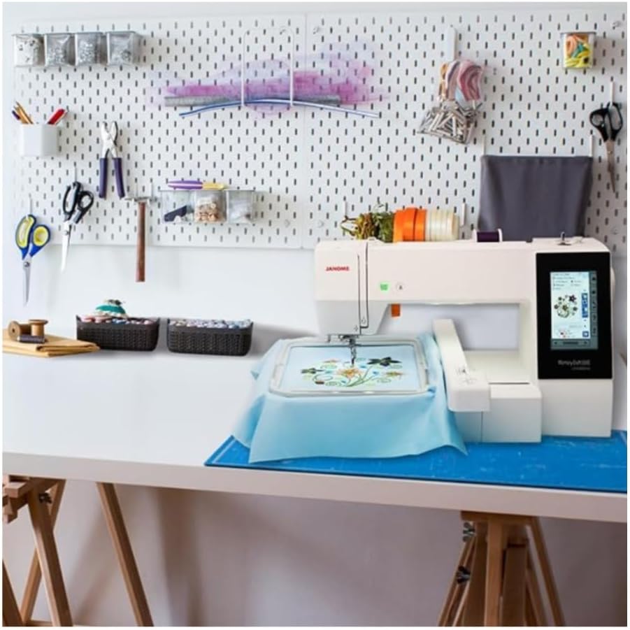 Janome Memory Craft 500E Limited Edition Embroidery Machine (White) Bundle with Size 11 Blue Tip Needles, Size 14 Purple Tip Ballpoint Needles and Plastic Bobbins (21 items)
