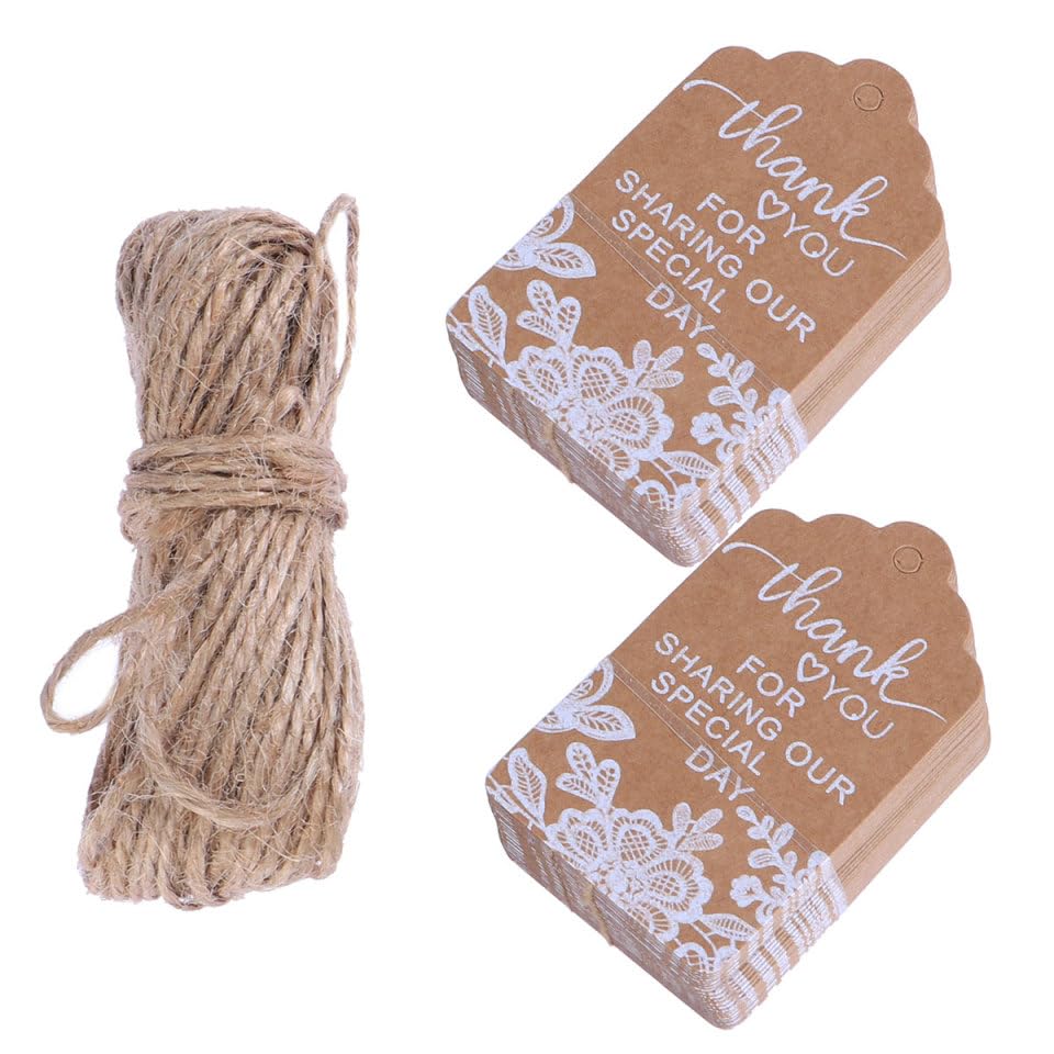 Ipetboom Kraft Paper Tags White Lace with Rope 50Pcs Wedding Favour Labels for Bridal Party Decoration Thank You Printed Tags