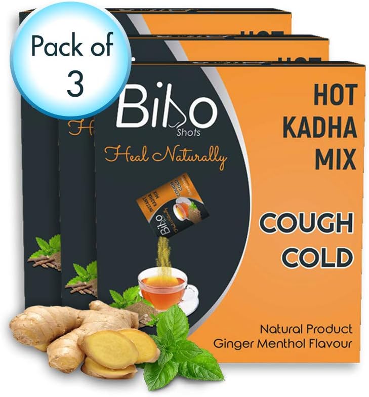 Bibo Shots - Hot Kadha Mix | Menthol & Ginger | Instant Ease From Cough Cold | Immunity Builder | Pack Of 3 * 8 Shots