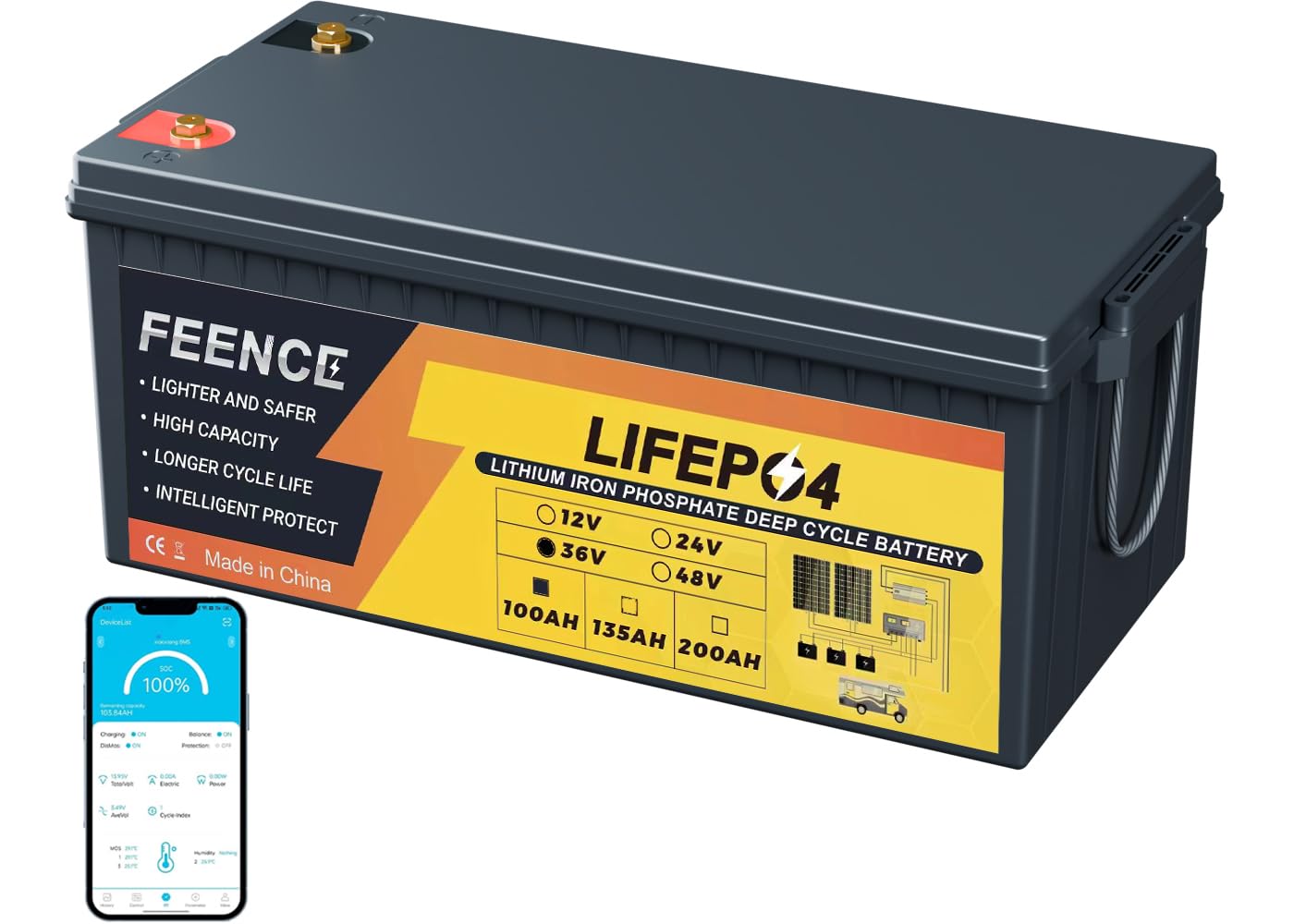 36V 100Ah Golf Cart LiFePO4 Lithium Battery, Built-in 200A BMS, Max. 15000 Deep Cycle, Max. Power 8.06kW and Support 2C Discharge, Perfect for Golf Cart, RV, Trolling Motor, Marine