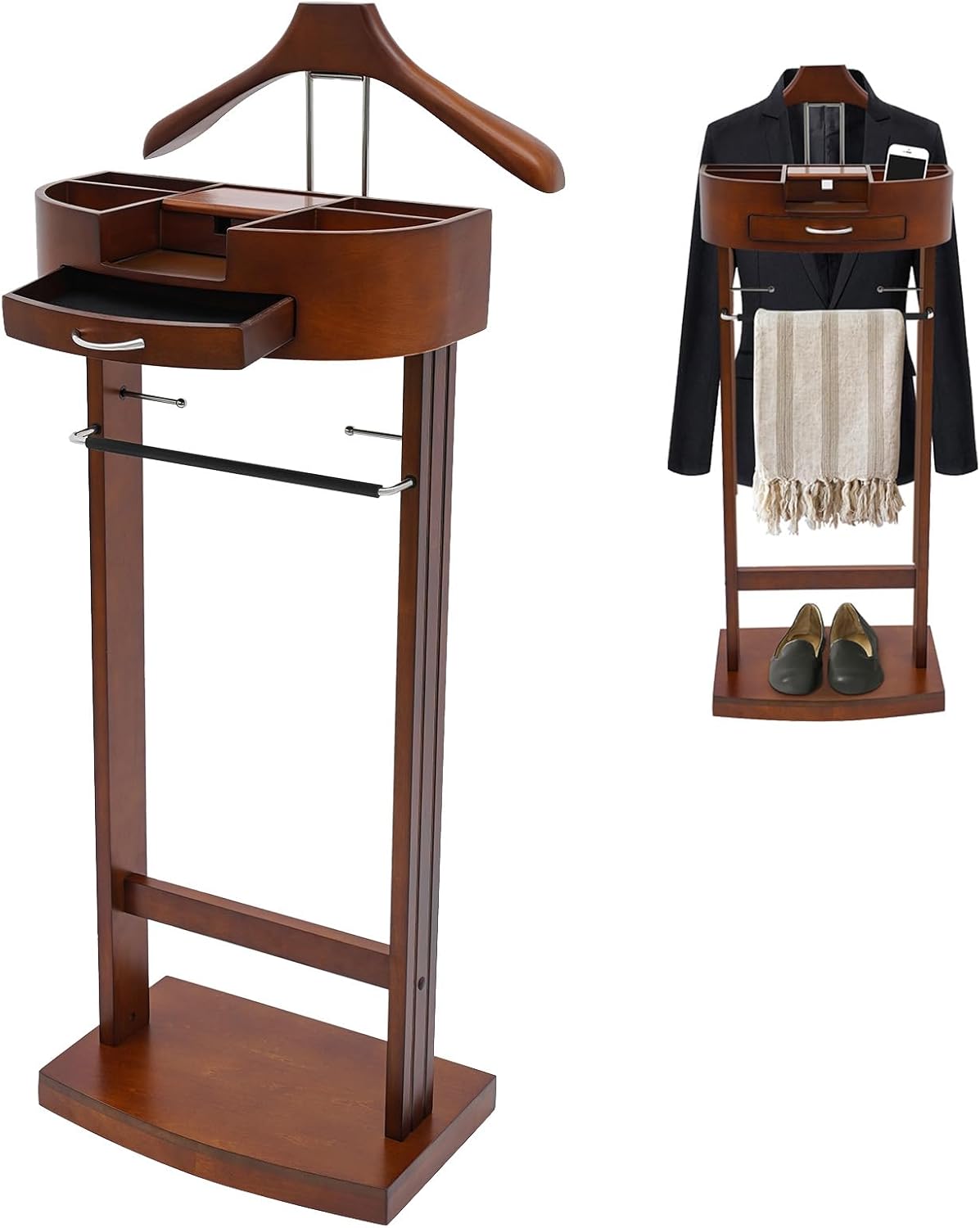 Wood Men Valet Stand with Drawer, Standing Suit Valet Stand, Clothes Organizer Rack for Home Entryway Living Room Bedroom Office, 22lbs Load Capacity(Brown)