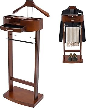 Wood Men Valet Stand with Drawer, Standing Suit Valet Stand, Clothes Organizer Rack for Home Entryway Living Room Bedroom Office, 22lbs Load CapacityBrown
