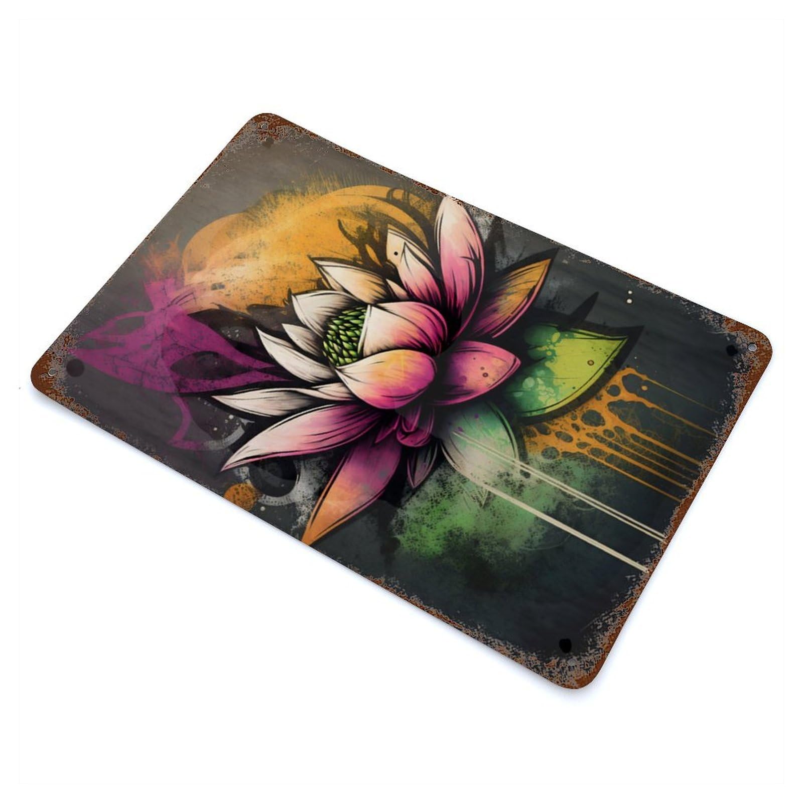 Rust Effect Graffiti Lotus Flower Distressed Metal Wall Sign 11.8"x7.9", Farmhouse Wall Decor for Office, Studio And Wall Decor