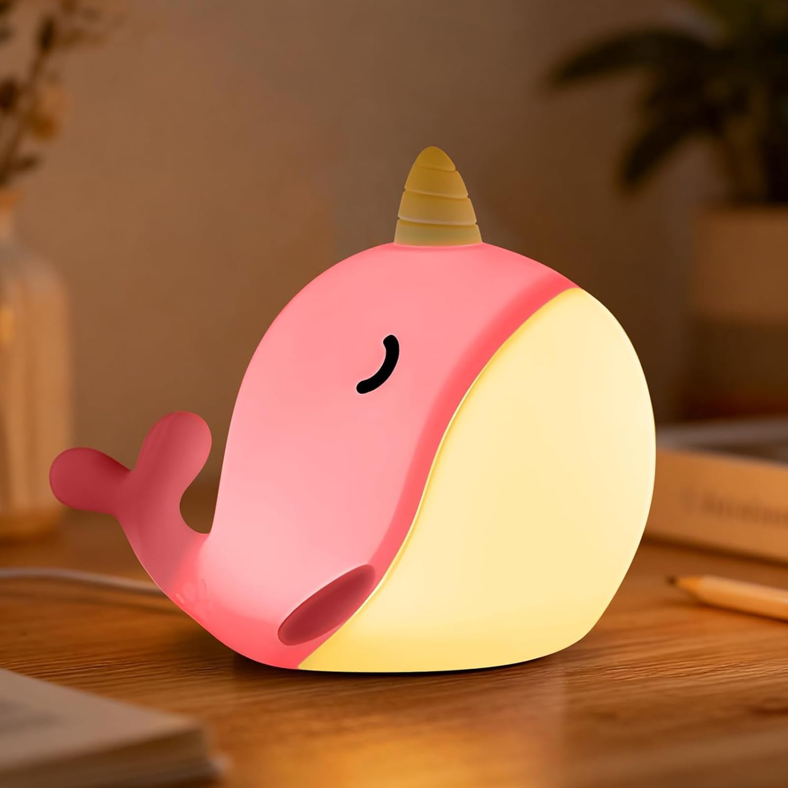ipalmay Cute Narwhal Night Lights, Rechargeable Soft Silicone Light, Nursery Lights for Bedrooms, Desks, and Lovely Gifts for Boys and Girls (Pink, Seven Colors)