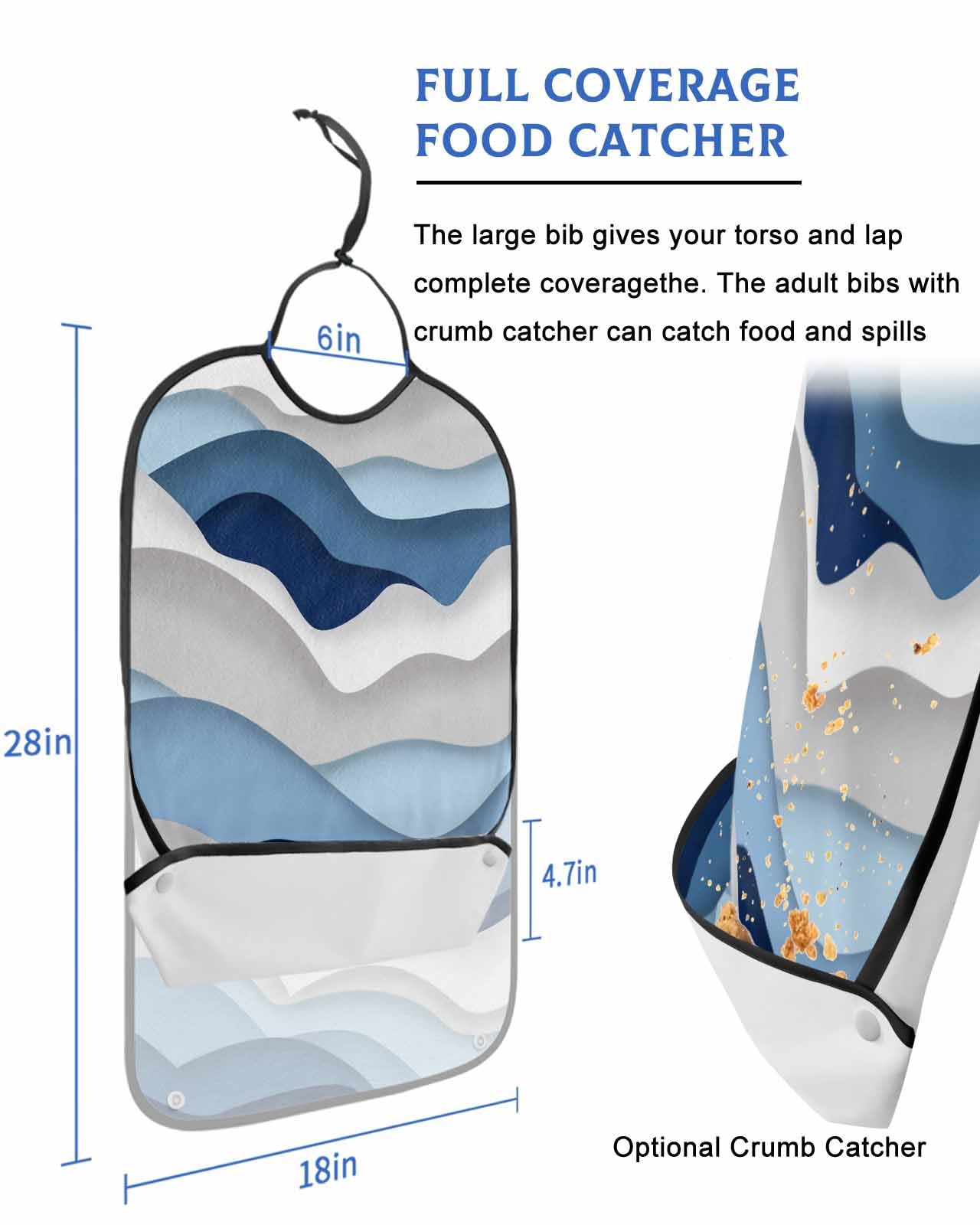 LEOKOTI Blue White Ombre Adult Bibs for Eating, Waterproof Bibs with Food Catcher & Adjustable Snap Closure, Modern Geometric Moire Abstract Art Washable Clothing Protectors Adult Bibs for Elderly