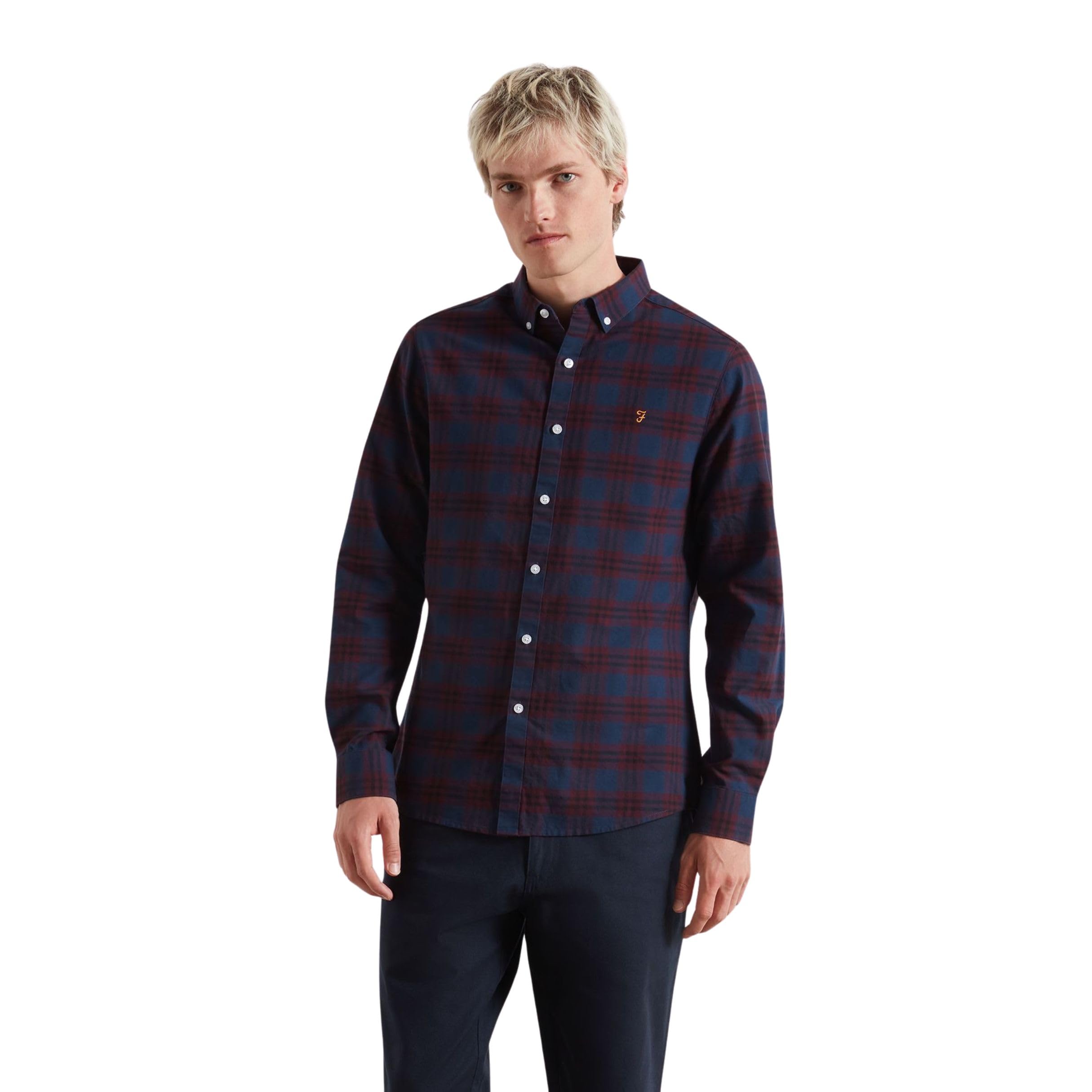 Farah Men's Brewer Check Organic Cotton Long Sleeve Shirt, S, Bordeaux