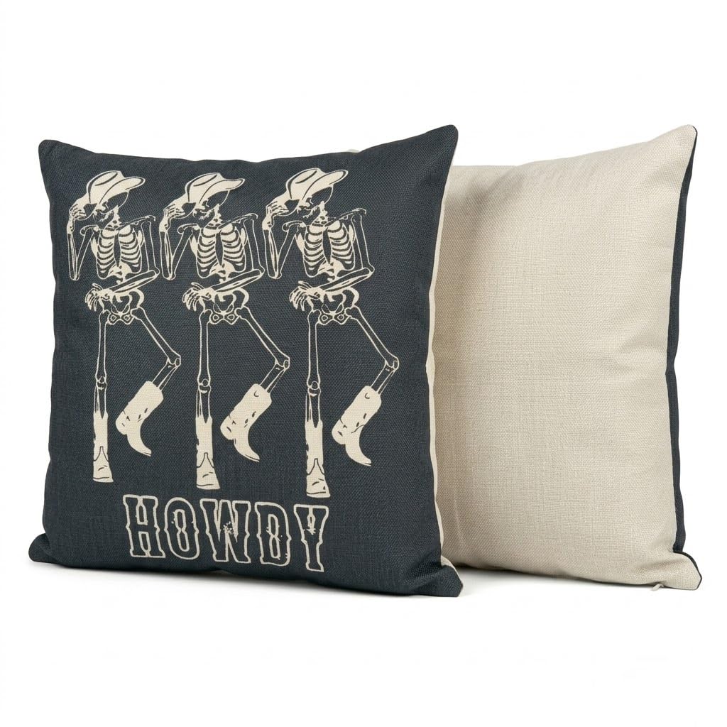 PRK 14 Cushion Covers 2 pcs Halloween Black Howdy Skeleton Skulls with Cowboy Hat Gothic Pillow Throws Monsters for Livingroom Bedroom Couples Sofa Horror Scary Pillowcase Set 45 x 45cm