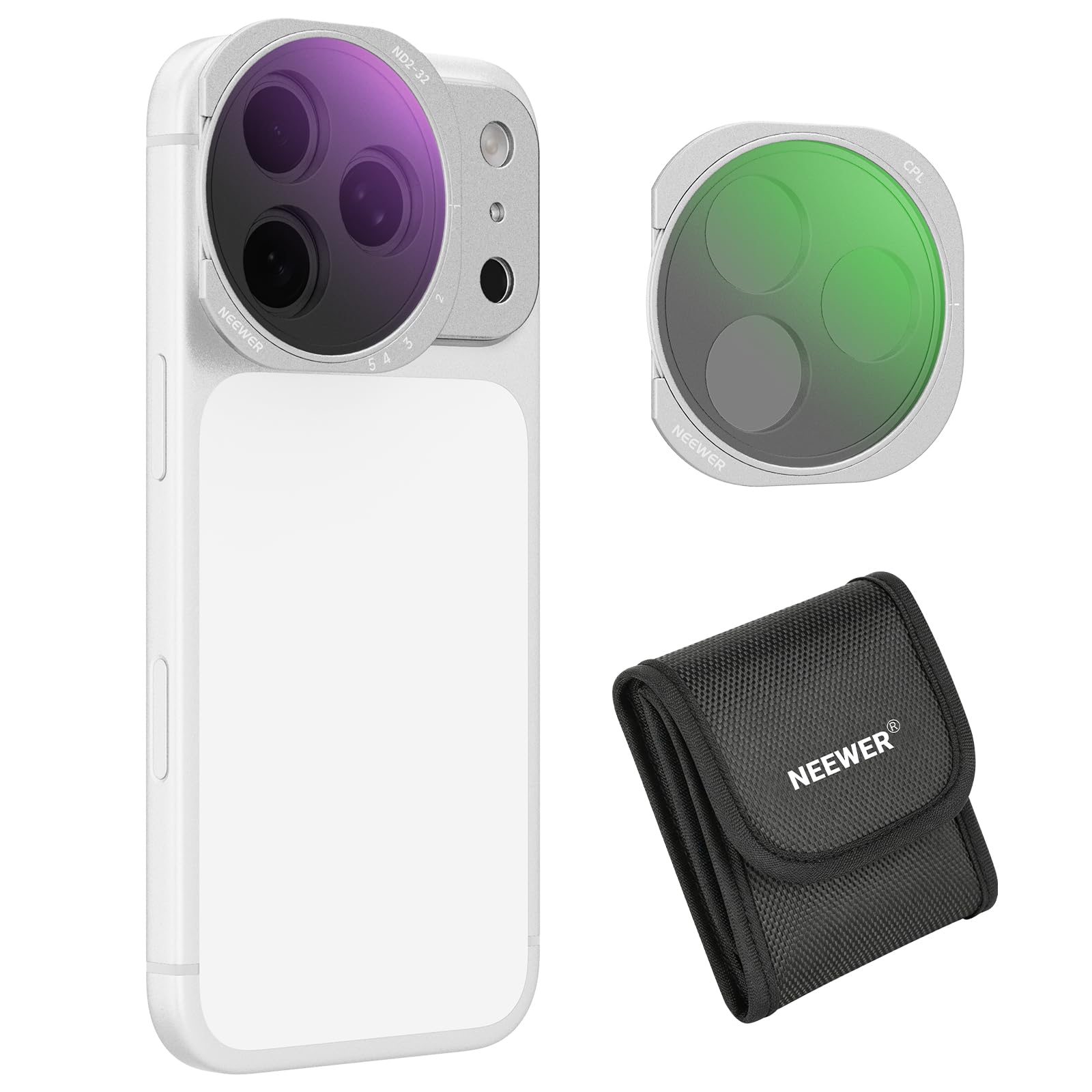 NEEWER Filtro ND Variabile+CPL Solo Compatibile con iPhone 17 Pro Max, Polarizzatore Circolare Regolabile Densità Neutra (ND2-32) Magnetico, Accessori Fotografia con Backplate Adesiva, Argento, FH-17