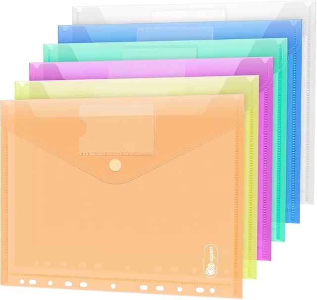 24 Pack Plastic Wallets, Clear A4 Document Folders with Popper, File Folder Envelopes with Pocket / Hook and Loop Closure, 11 Hole Ring Binder Plastic Wallets