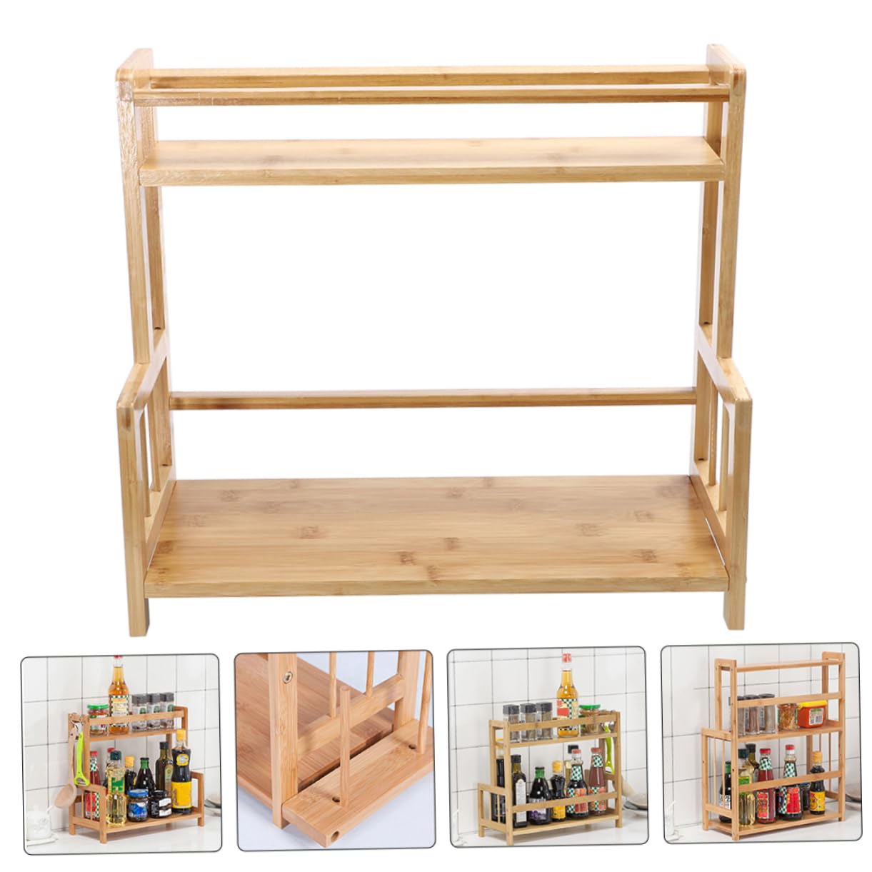 Veemoon Organisateur D'épices Cuisine 2 Niveaux en Bambou Beige | Étagère de Table, Support à Épices pour Rangement la Cuisine, Usage Partout