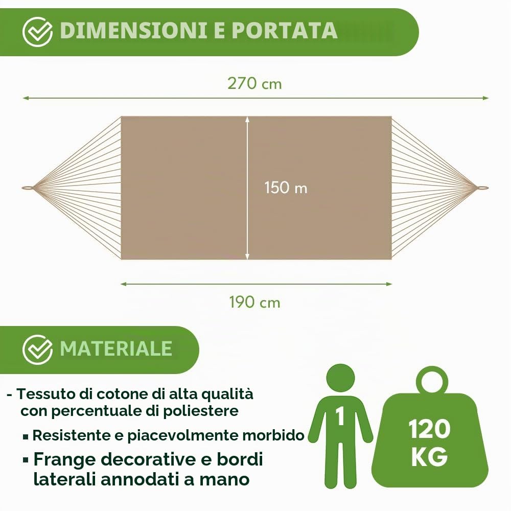 Amaca da esterno in stile bohémien 190 x 150 cm beige 120 kg cotone poliestere con frange sacchetto trasporto