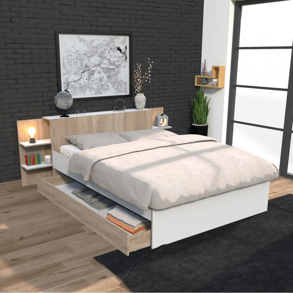 WEBER INDUSTRIES Lit City 140x190 + tête de lit Chevet + 1 tiroir/Décor Blanc & chêne Blanchi