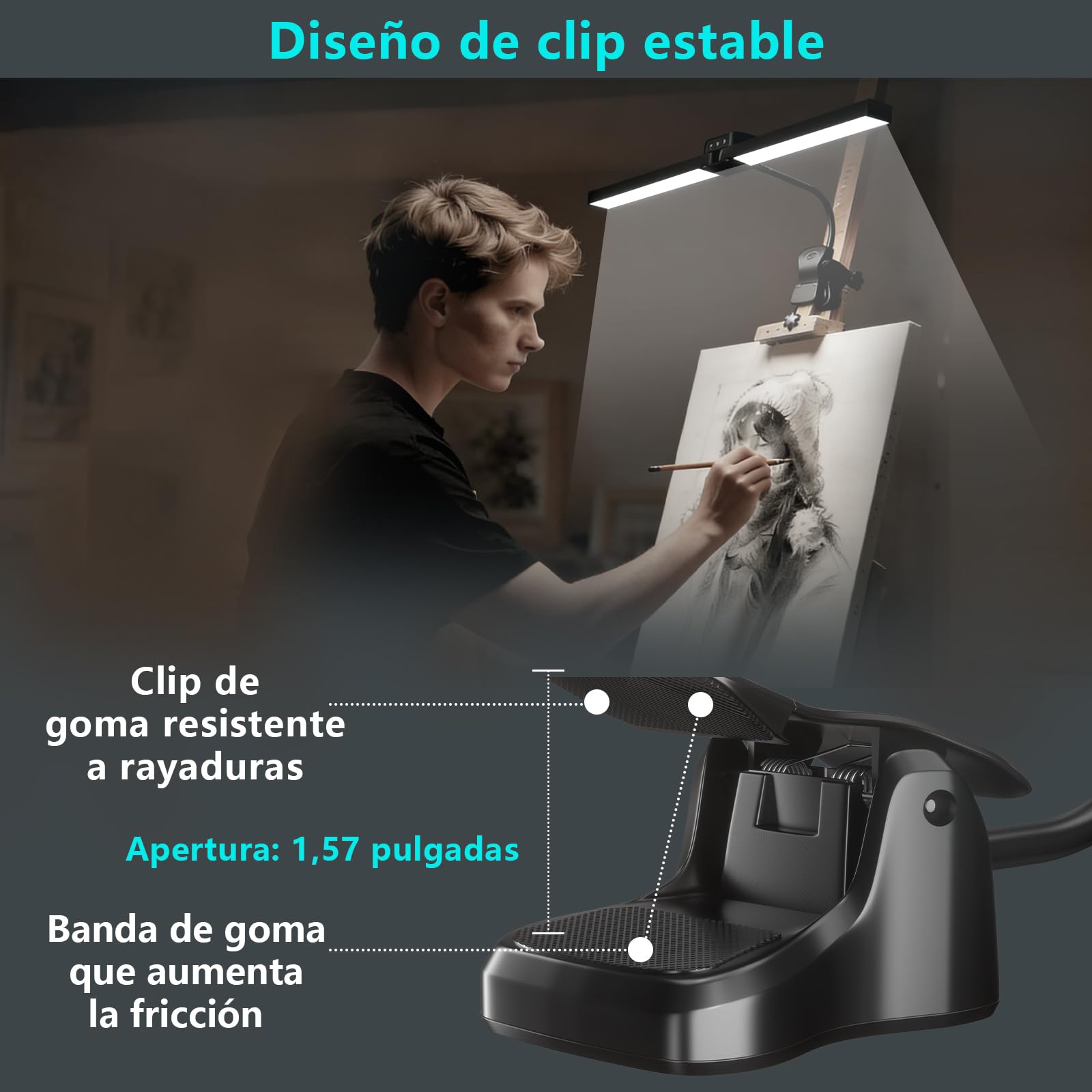 Lámpara de Pinza para Caballete Pintura Inalámbrica Recargable, 64 Ledes, 4 Temperaturas Color y 3 Niveles Brillo, Lámpara Escritorio Inalámbrica para Artista Pintura Dibujo Control Táctil