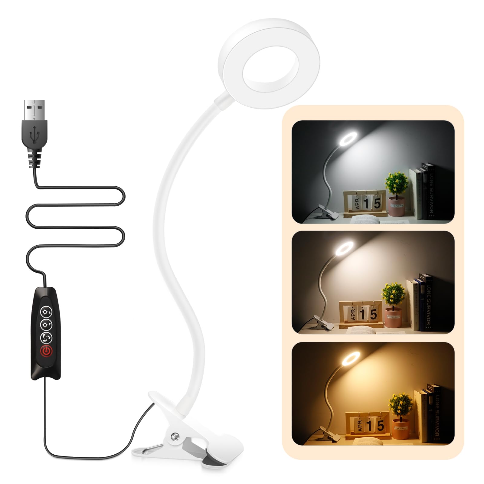 Akynite Flexo LED Escritorio con Pinza y Cable, 48 LED Lámpara USB Clip, 3 Colores y 10 Brillos, Flexible Luz Escritorio LED Pinza, Luz de Lectura para Libros en la Cama, Flexo Pinza Blanco