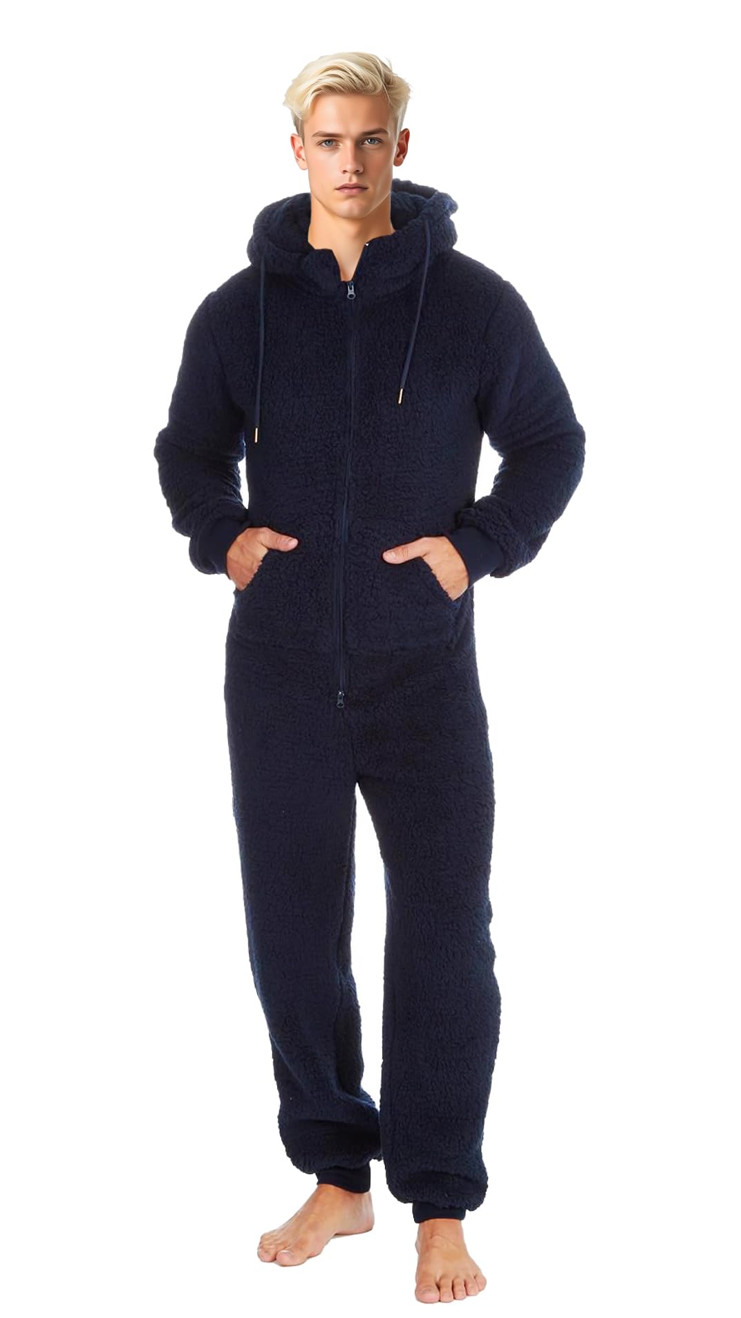 Nikaro Men's Navy Sherpa Fleece Hooded Onesie Ultra-Soft All-In-One Loungewear For Cosy Comfort (M-L)