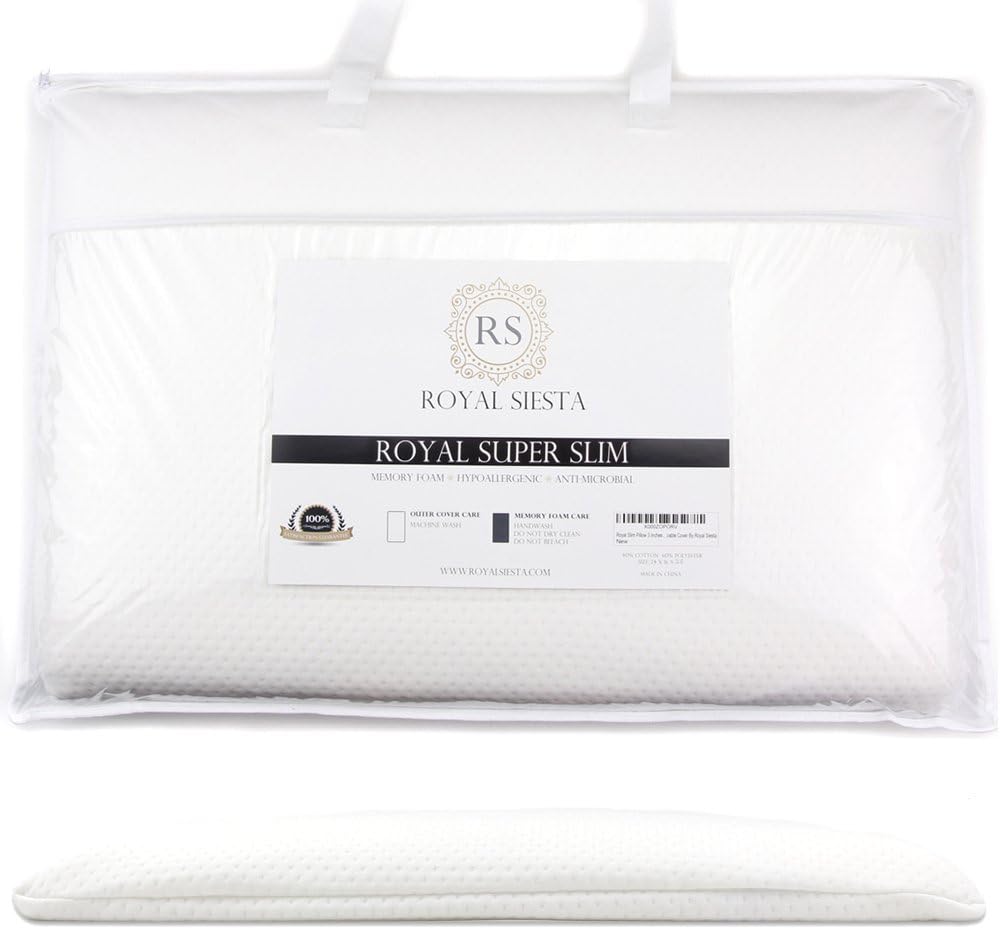 Super Slim Thin Memory Foam Pillow, Cotton & Polyester Cover, 2.5" Flat Pillow