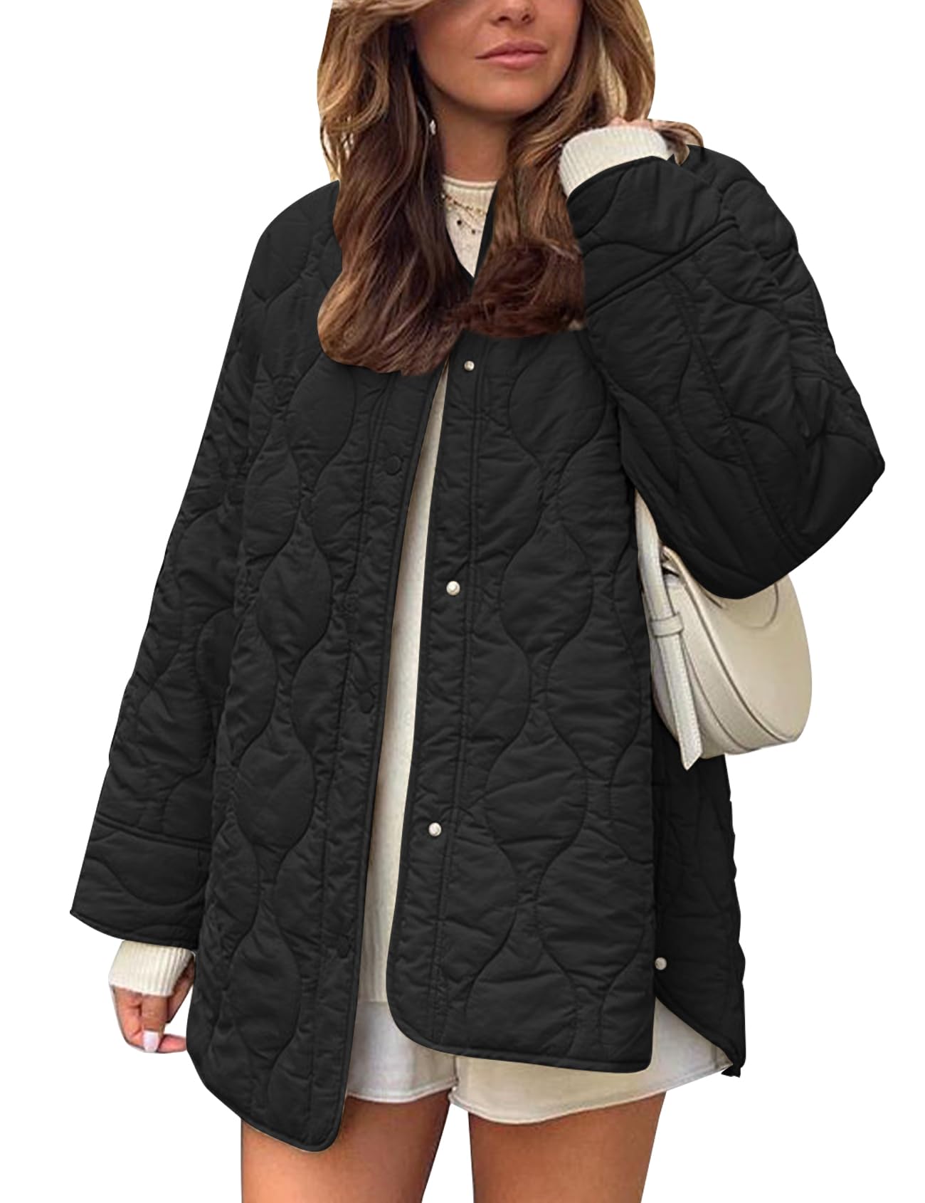 Flygo Womens Oversized Quilted Lightweight Jacket Button Down Puffer Padded Outerwear with Pocket