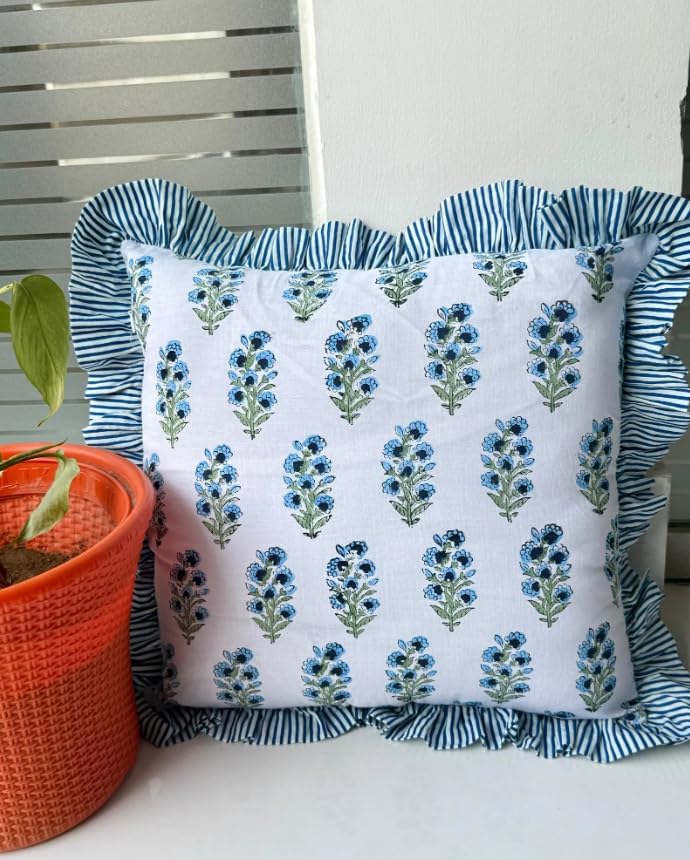 Block Print Pillow Cover - Cotton Throw Frill Pillow Covers for Boho Decorative Couch, Living Room, Bohemian Theme Gifts, Indian Pillow Cover Floral Blue - 18 x 18 Inches - Set of 2pcs