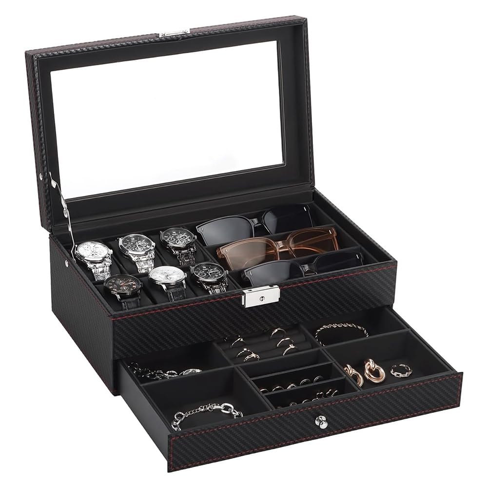 CTRLZS Watch Box, Mens Jewelry Box with 6 Slot Watch Case & 3 Slot Sunglasses Organizer, 2 Layers Lockable Watch Holder