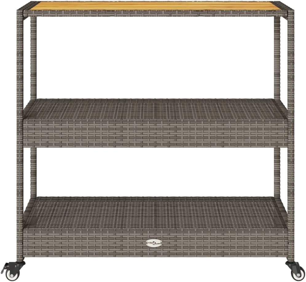 vidaXL Bar Cart 3-Tier, Kitchen Cart with Wheels and Shelves, Rolling Drink Cart, Storage Bar Trolley, Gray Poly Rattan and Solid Wood Acacia