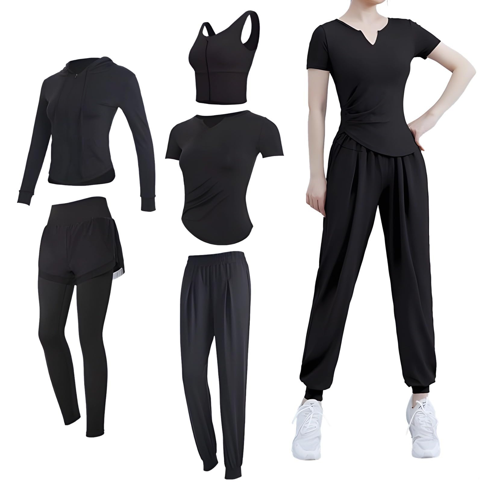 Conjunto de fitness de 5 piezas para mujer, ropa de yoga con manga larga y corta, tela negra transpirable, XXL (135-150 libras)