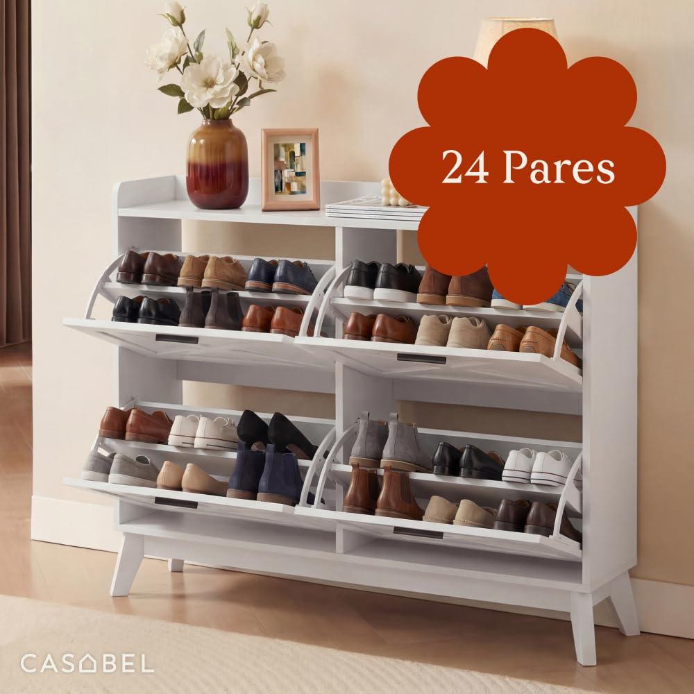 CASABEL Zapatero 4 Abatibles, Frentes con Motivo de Cruz, Blanco, Diseño Funcional, Gran Capacidad 24 Pares, Mueble de Almacenaje para Entrada, Pasillo o Salón, 114x24x96 cm