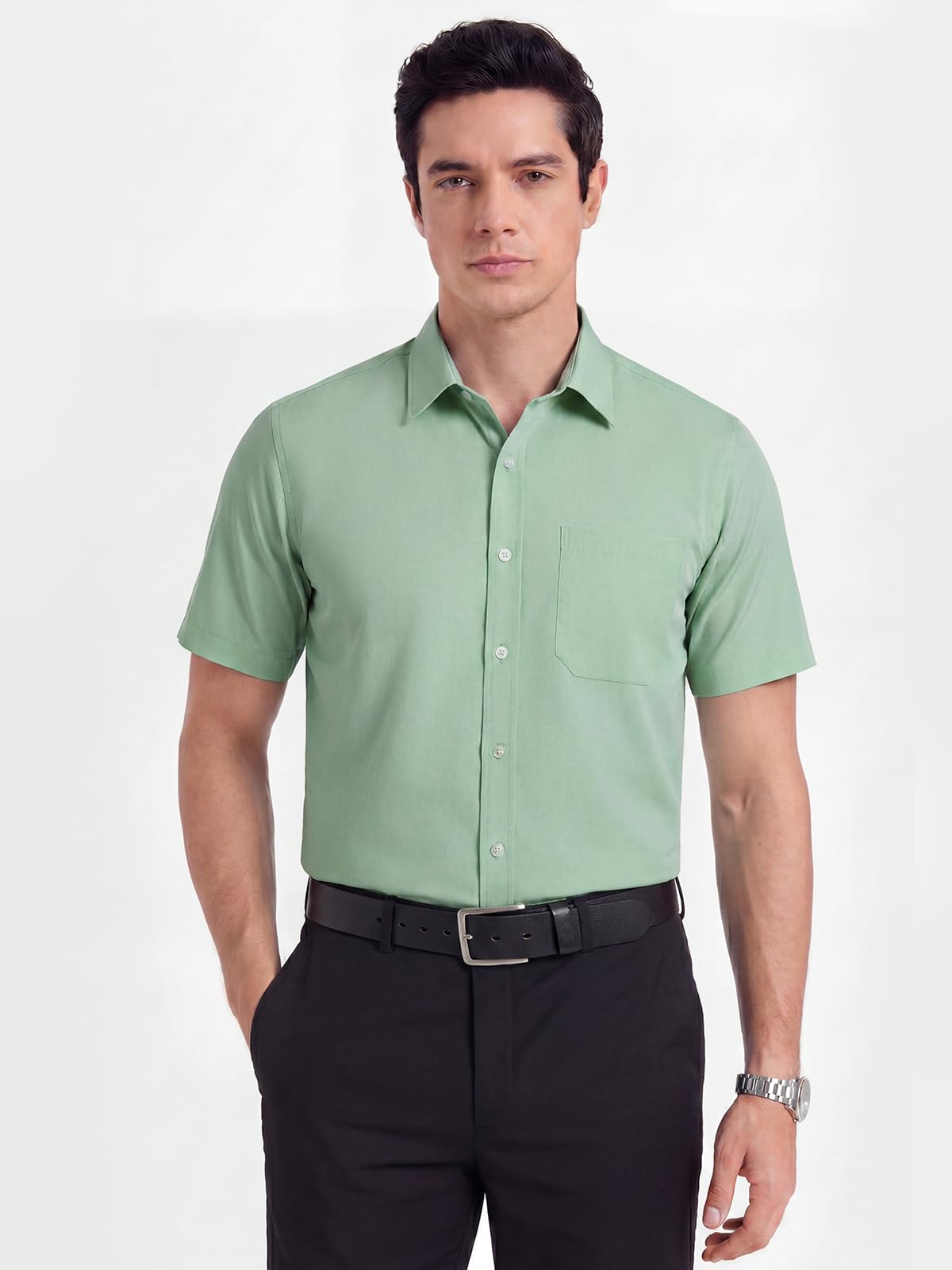 HISDERN Chemise à Manches Courtes pour Hommes Chemise de Couleur Unie décontractée d'été Chemise à Coupe régulière avec Poche