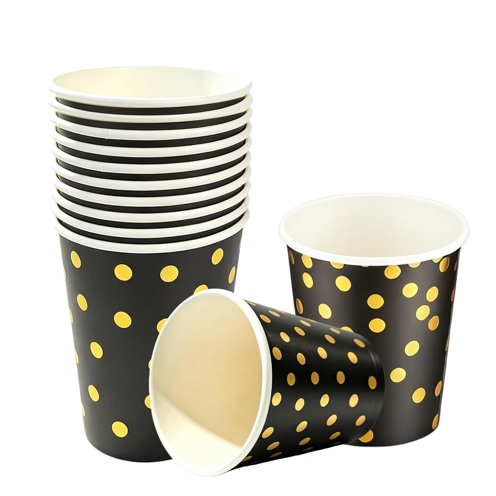 40P Black Disposable Paper Cups,Black Gold Foil Polka Dots Party Cup