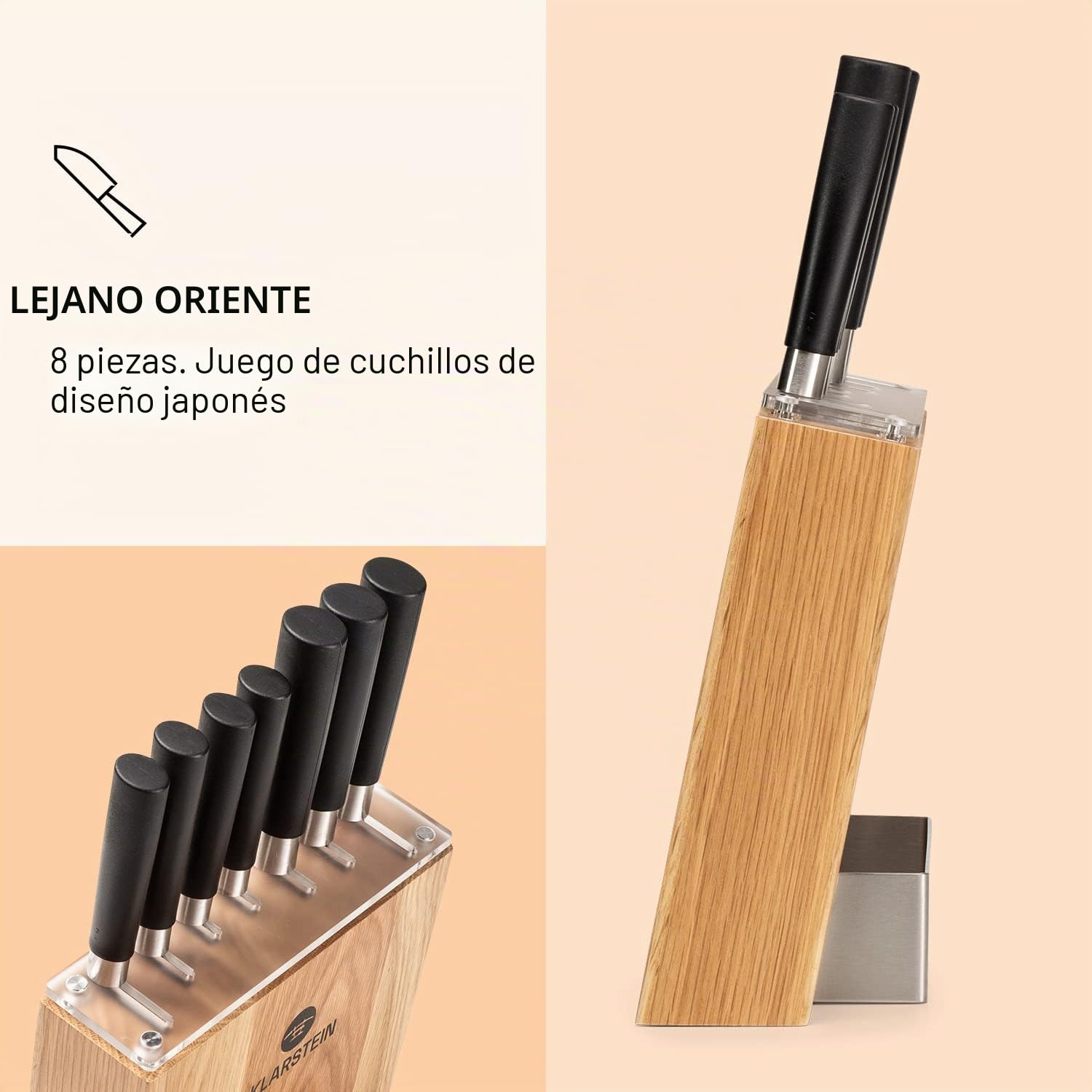 Klarstein Juego de Cuchillos Cocina y Bloque Cuchillo, 7 Set Cuchillos Cocina Profesional y Soporte de Madera, Juego de Cuchillos Chef Acero Inoxidable, Anti Arañazos y Afilados, Diseño Japonés