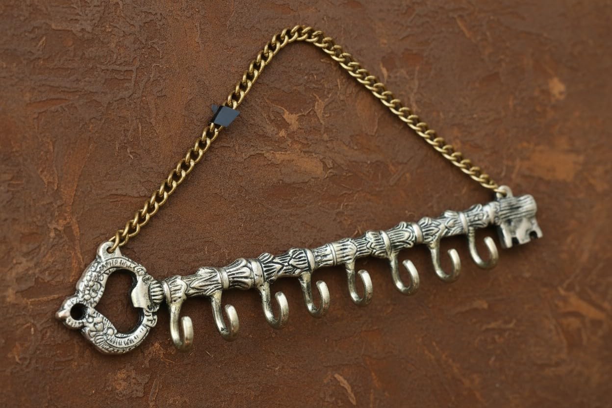 Brass Key Holder – Elegant Key Design Wall Décor with 8 Hooks for Home & Office