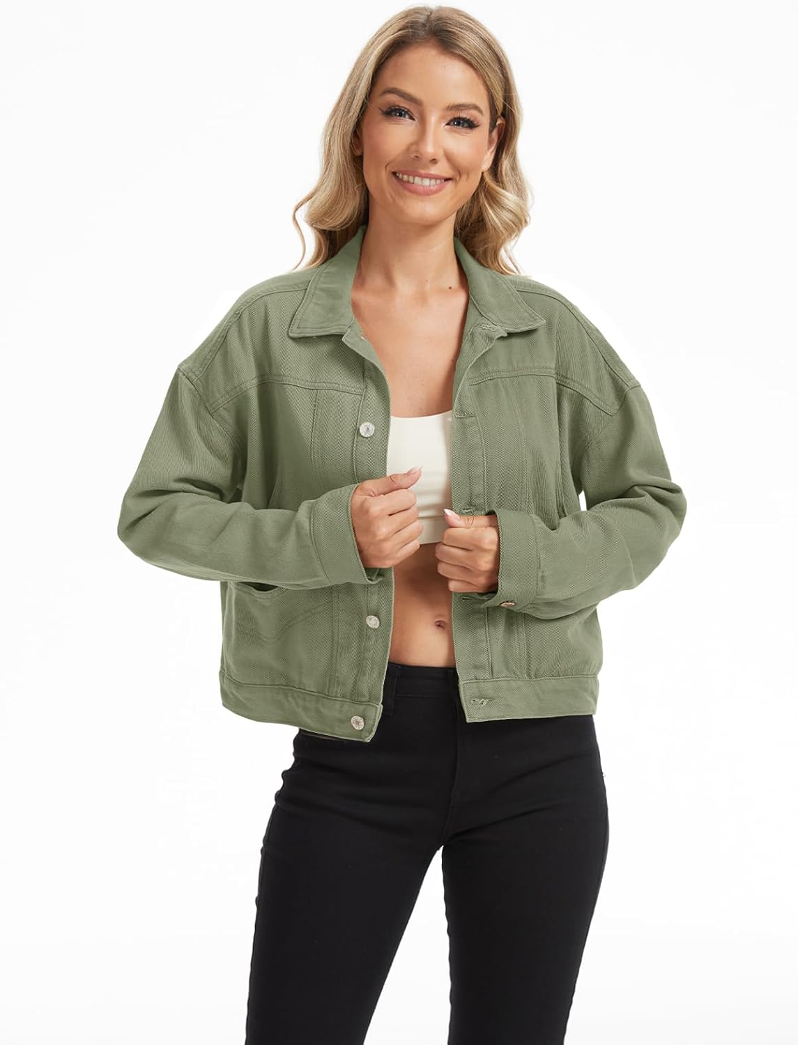 Metietila Womens Cropped Denim Jacket Oversized Button Down Jean Jacket Shacket Trucker Coat with Multi Pockets - Image 3