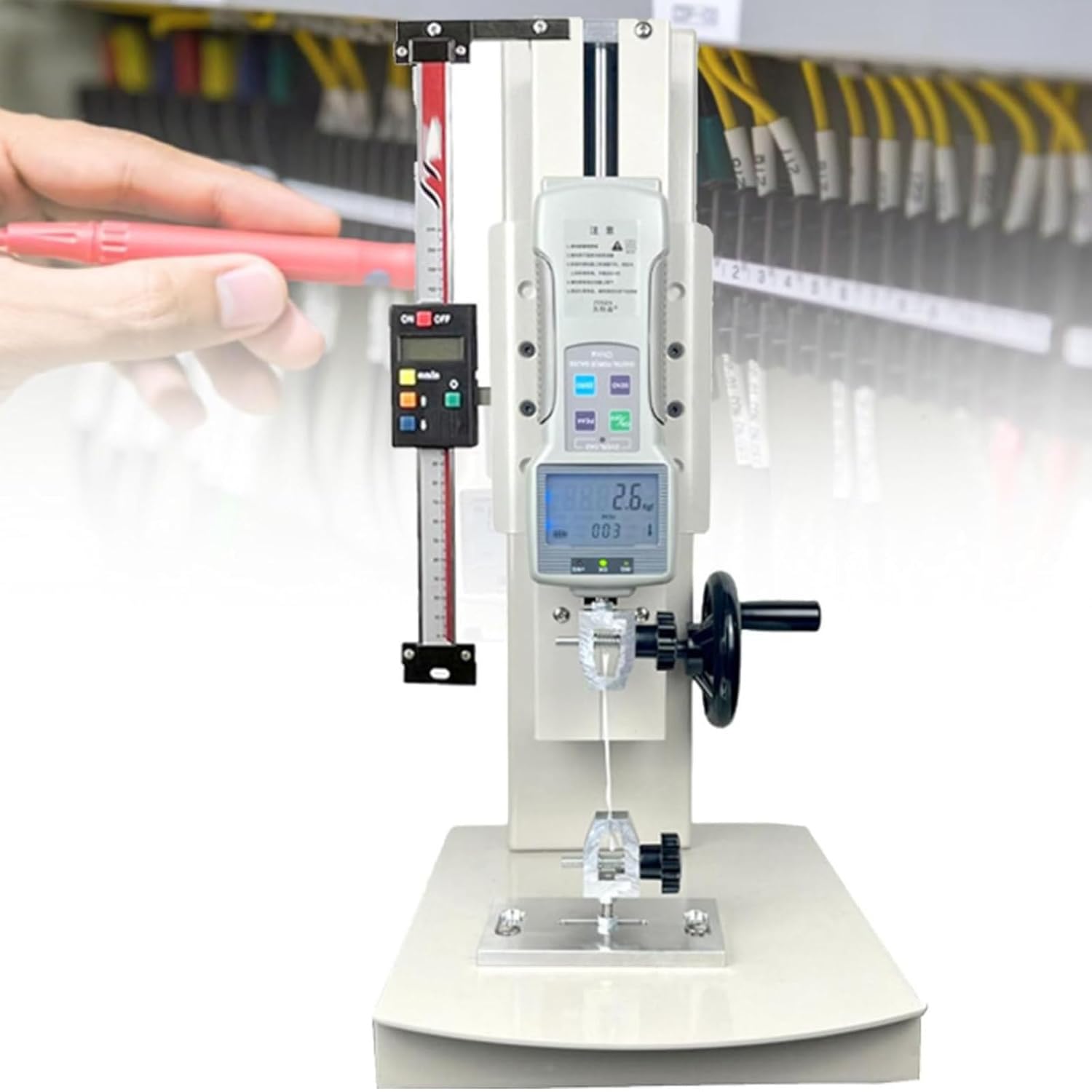 Digital Force Gauge, Tensile Testing Machine, 10-2000N Digital Tensile Pressure Tester with 5 Probes, 270 Trips Hand Crank Vertical Tensile Test Bench for Textiles, Sports, Fishing Withruler-1000N