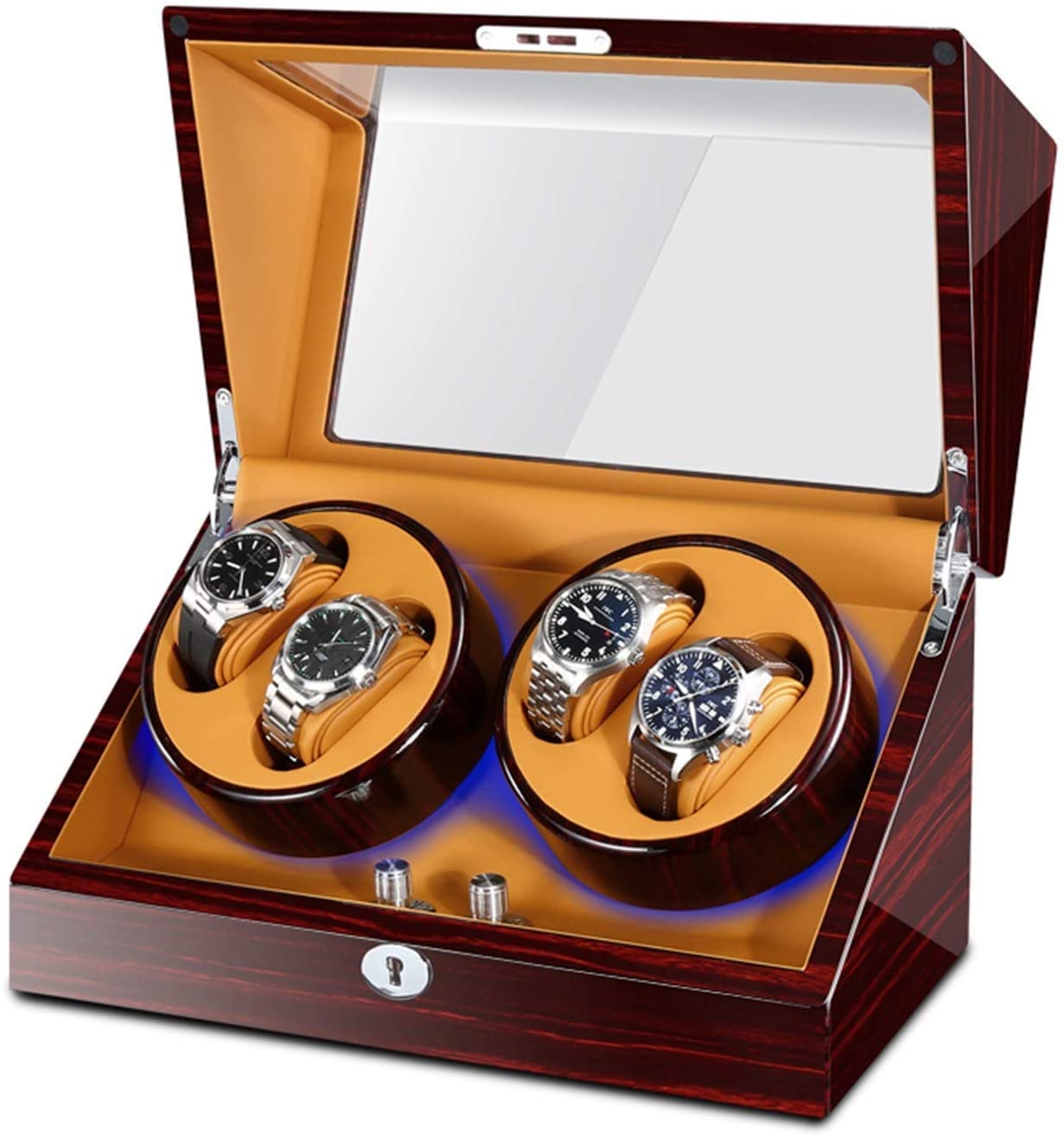 CGCSYZ Watch Winder for 4 Automatic Watches Built-in LED Illumination Wood Shell Piano Paint Exterior Silent Motor Dual Power Supply (Red+brown)