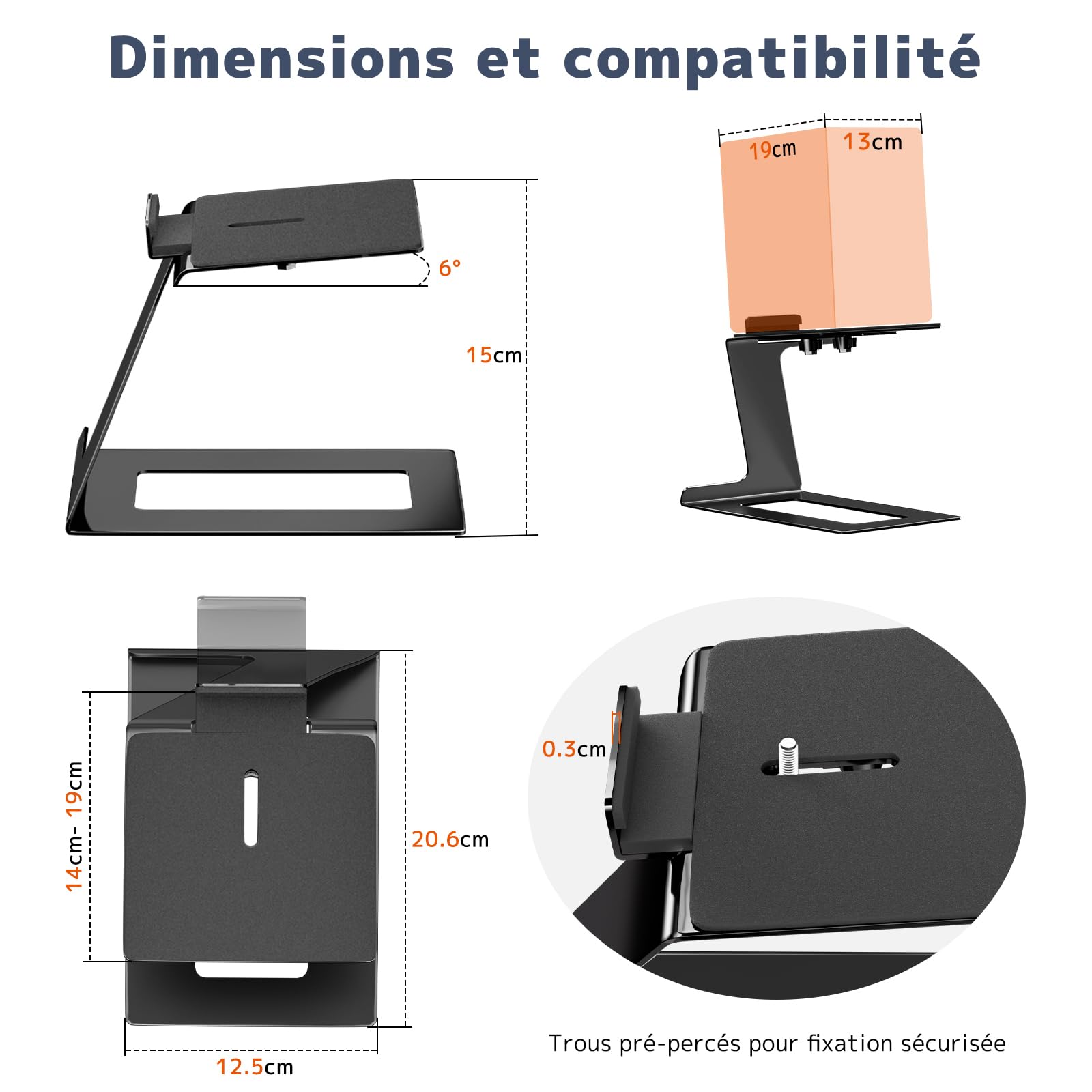 Supports pour Enceintes de Bureau,Supports pour la Plupart des Enceintes Bibliothèque Petites et Moyennes,Profondeur Max 19.6cm,Angle d'Inclinaison 6°,Socles Anti-Vibration avec Pads d'Absorption,Noir