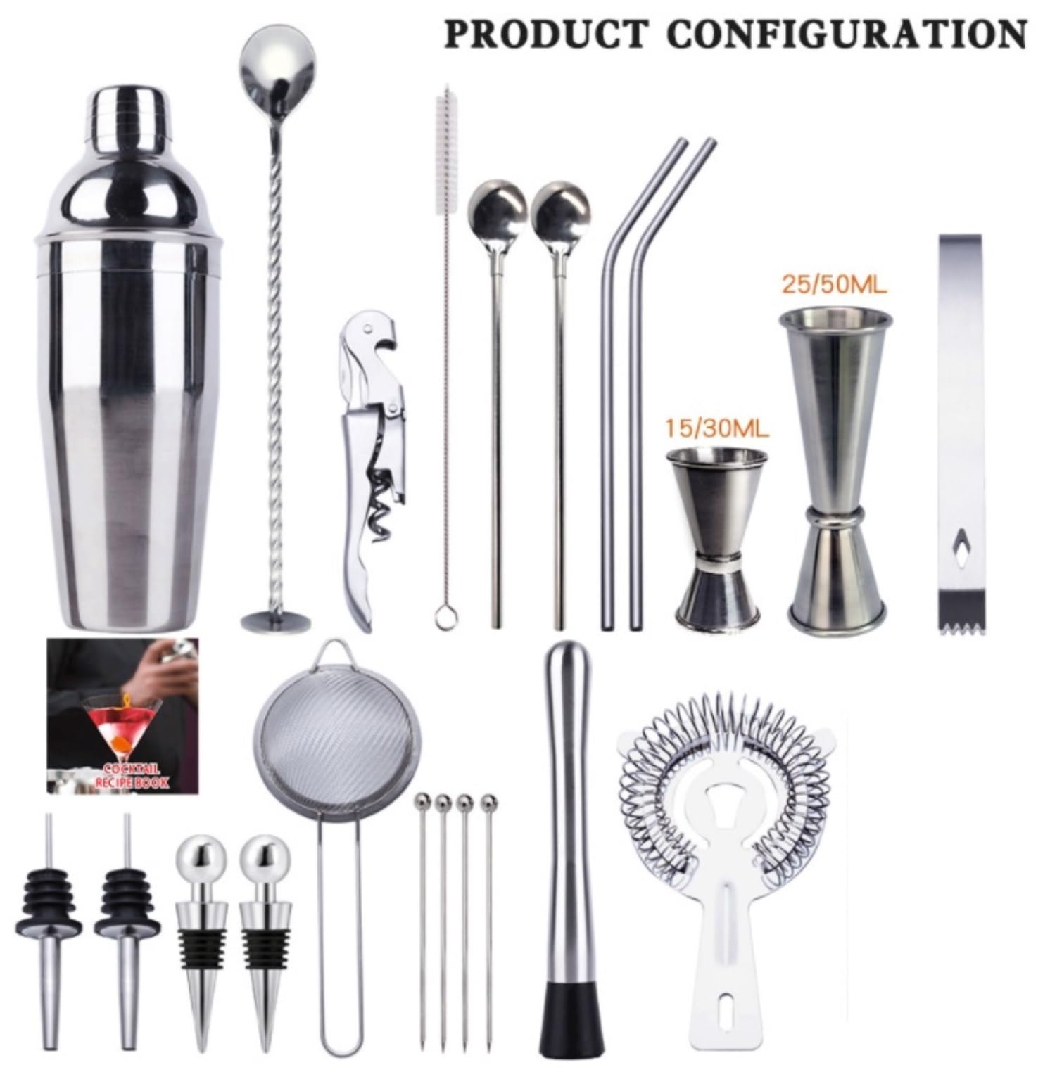Kit Barman 23pcs Barware Set en Acier Inoxydable Cocktail Shaker Barman Kit avec Support De Rack Acrylique Shaker Cocktail Set(750ml)