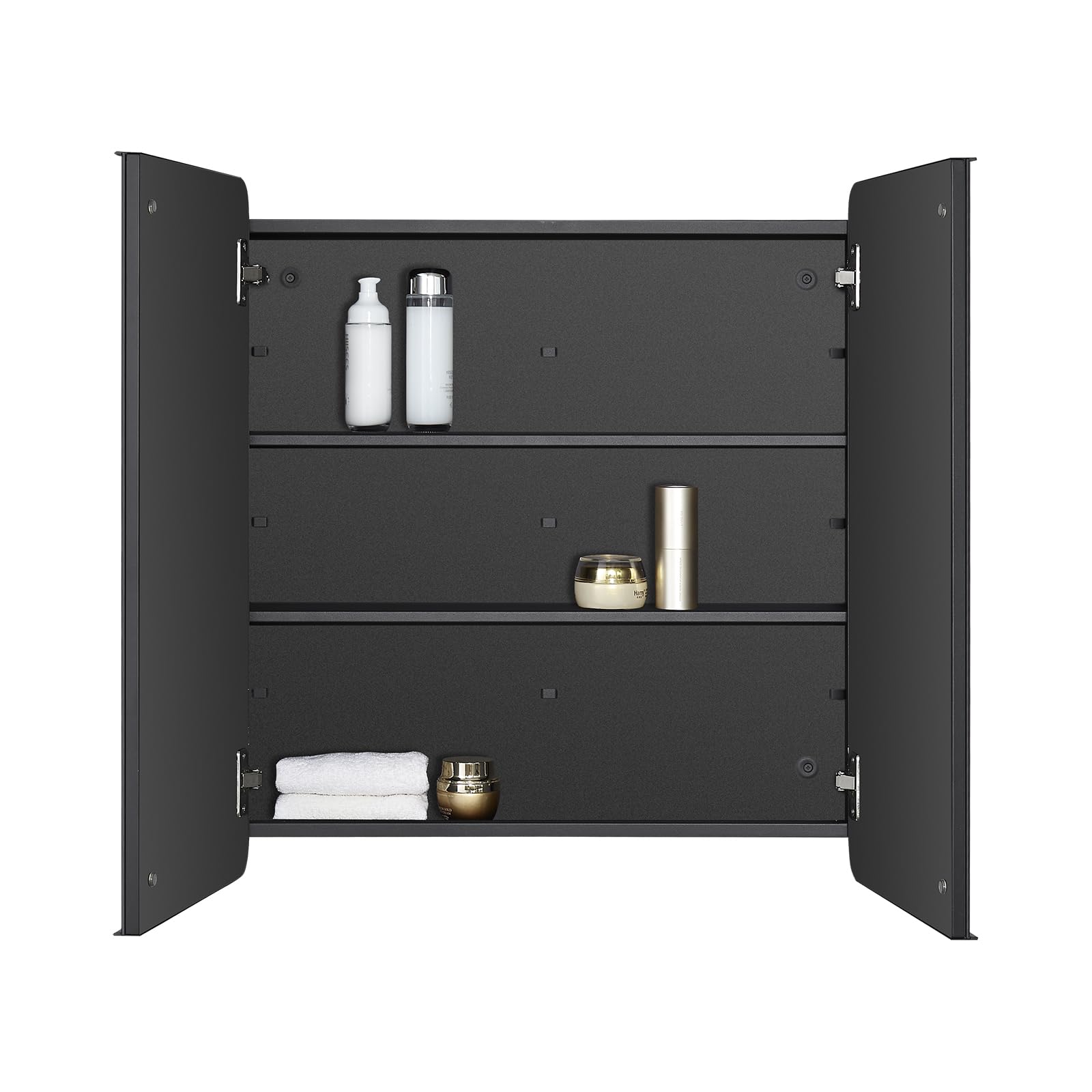 Fundin Armario con espejo de baño con espacio de almacenamiento, puertas dobles, marco de metal con esquinas redondas, estantes ajustables, color negro mate, montaje en superficie, 60 x 65 cm