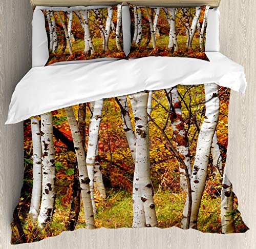Ambesonne Fall Duvet Cover Set, White Birch Trees Autumn Leaves
