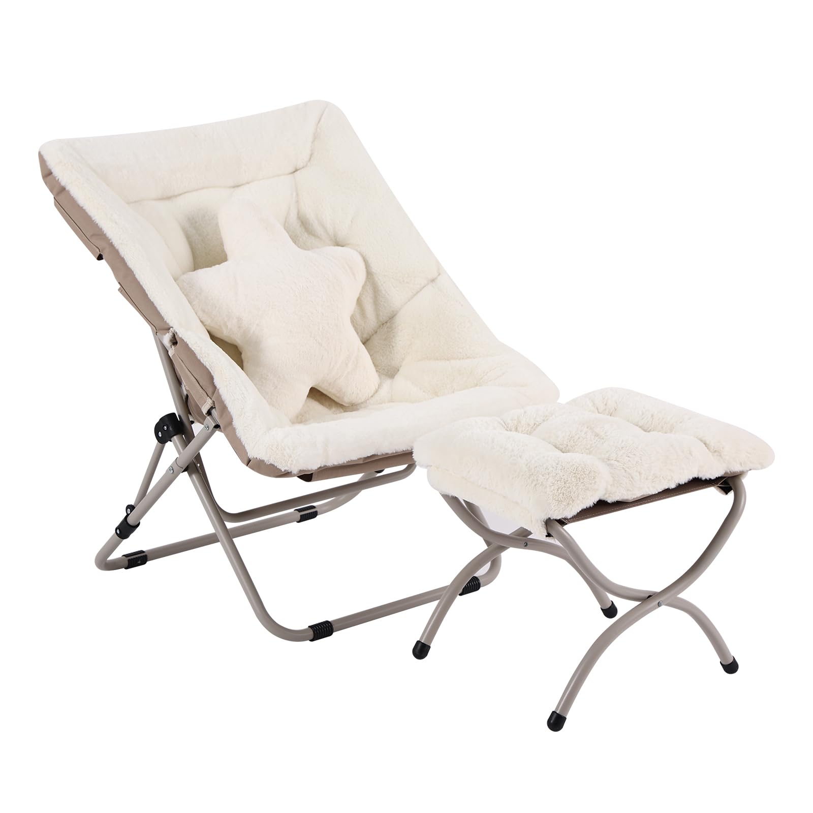 welnow comfy saucer chair with ottoman, oversized folding reading chair for adults with throw pillow soft faux fur lounge chair for bedroom furry accent chair for living room, dorm rooms, beige