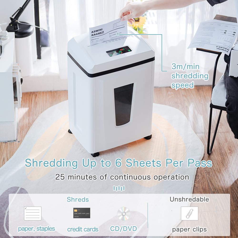 Kalopsia Trituradora de Papel Microcorte: 1 * 1mm P7 Seguridad Destructora de Papel Profesional 6 Hojas 56dB Destructora Papel Oficina Casa Tarjetas de Crédito Grapas CD/DVD 25min Autonomía 23L Cubo