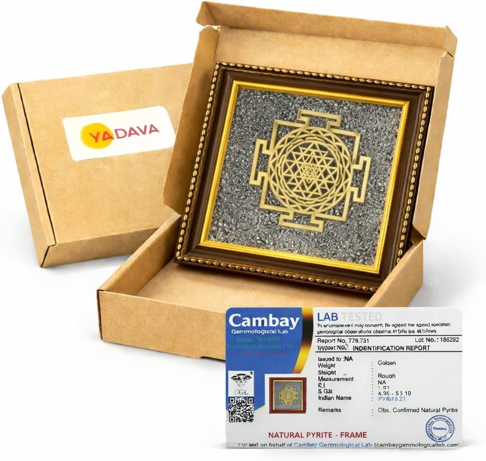 Pyrite Stone Frame Shree Yantra to Attract Money, Protection and Chakra Healing - Wall Decor Items for Living Room Wooden Photo Frame with Original Peru Pyrite Dust for Money Success WITH CERTIFICATE