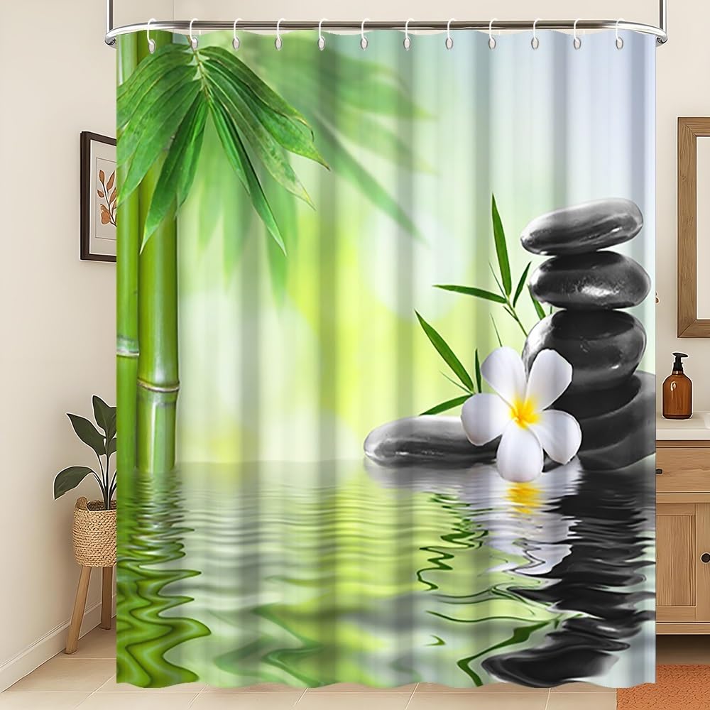 Xiaoterna Spa Shower Curtain Spring Zen Meditation Garden Mildew Resistant Bathroom Curtain Green Bamboo Leaves Black Stone White Orchid Water Machine Washable Fabric Shower Curtain 200x180cm