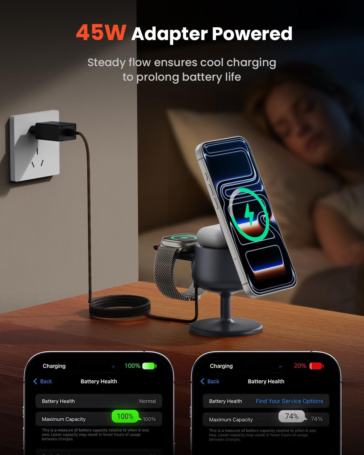 GEEKERA 3-in-1 Stazione di Ricarica per Apple: Qi2.2 25W Compatibile con MagSafe per iPhone 17/16, Caricatore Rapido 5W per Apple Watch e AirPods, Adattatore 45W Incluso, Ideale per Casa e Ufficio